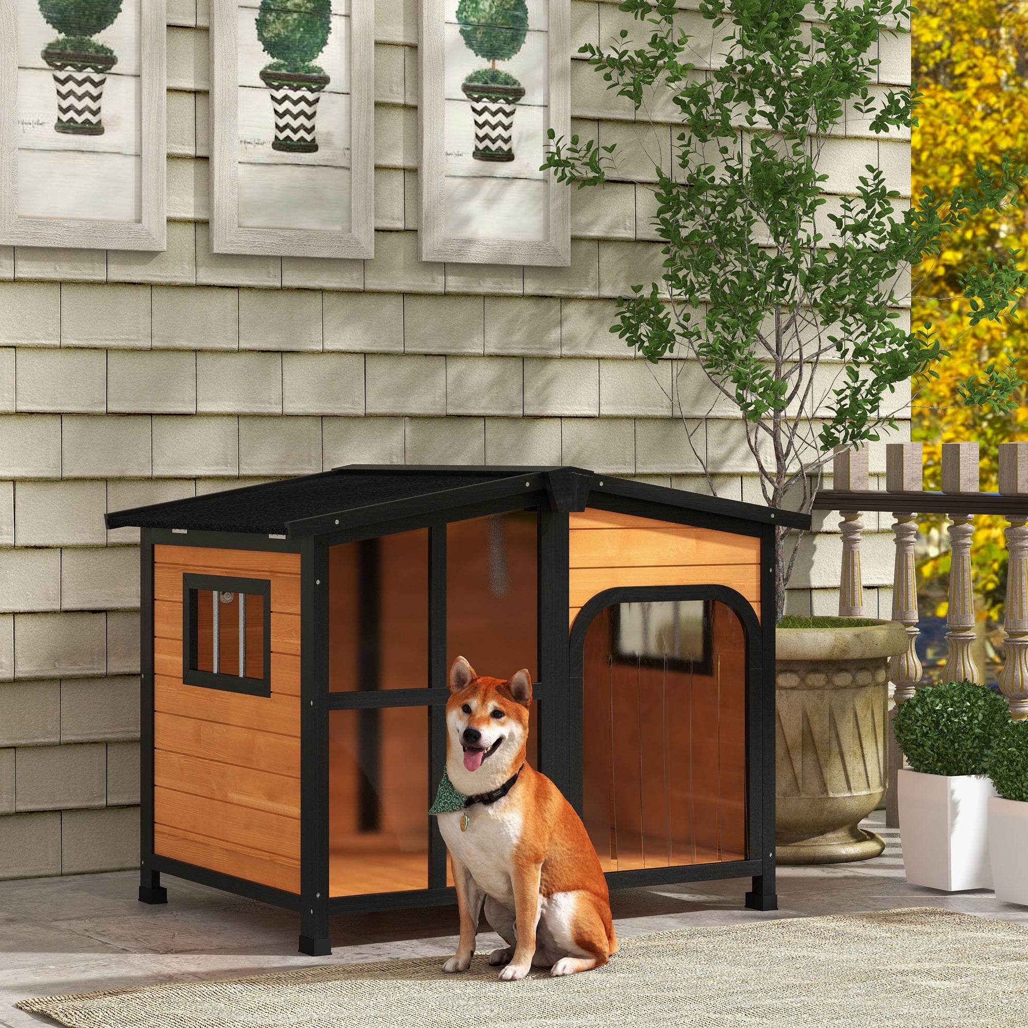 PawHut Outside Cabin-Style Wooden Dog House for Large Dogs with Openable Roof & Giant Window, Outdoor & Indoor Big Dog House, Asphalt Roof, Yellow