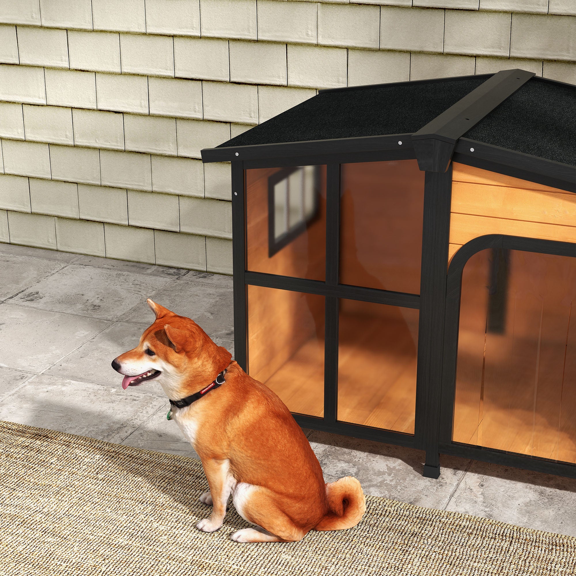 PawHut Outside Cabin-Style Wooden Dog House for Large Dogs with Openable Roof & Giant Window, Outdoor & Indoor Big Dog House, Asphalt Roof, Yellow