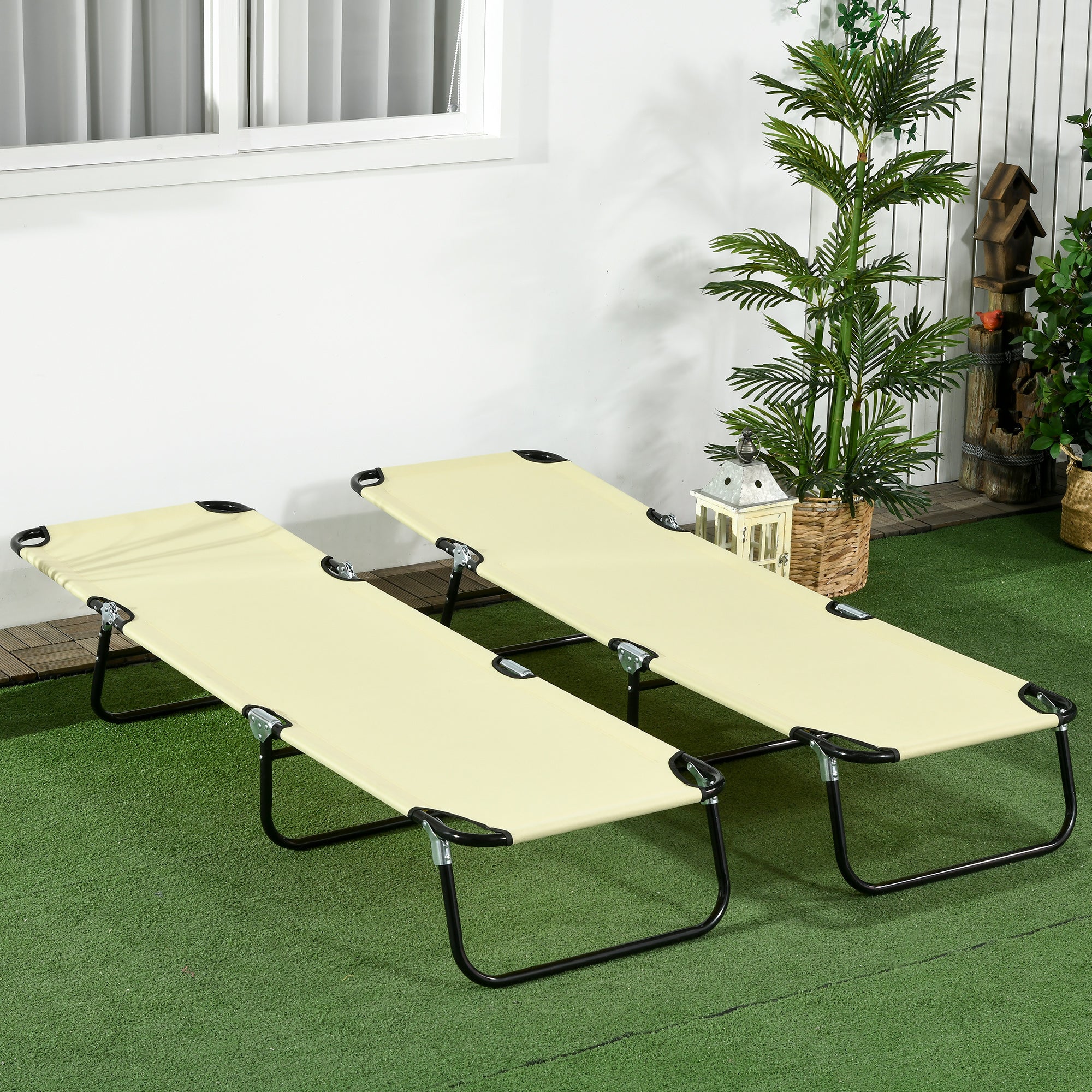 Outsunny Folding Outdoor Lounge Chair Set of 2, Steel Poolside Sun Tanning Chairs with 5 Level Reclining Back and Breathable Mesh for Beach, Yard, Patio, Beige