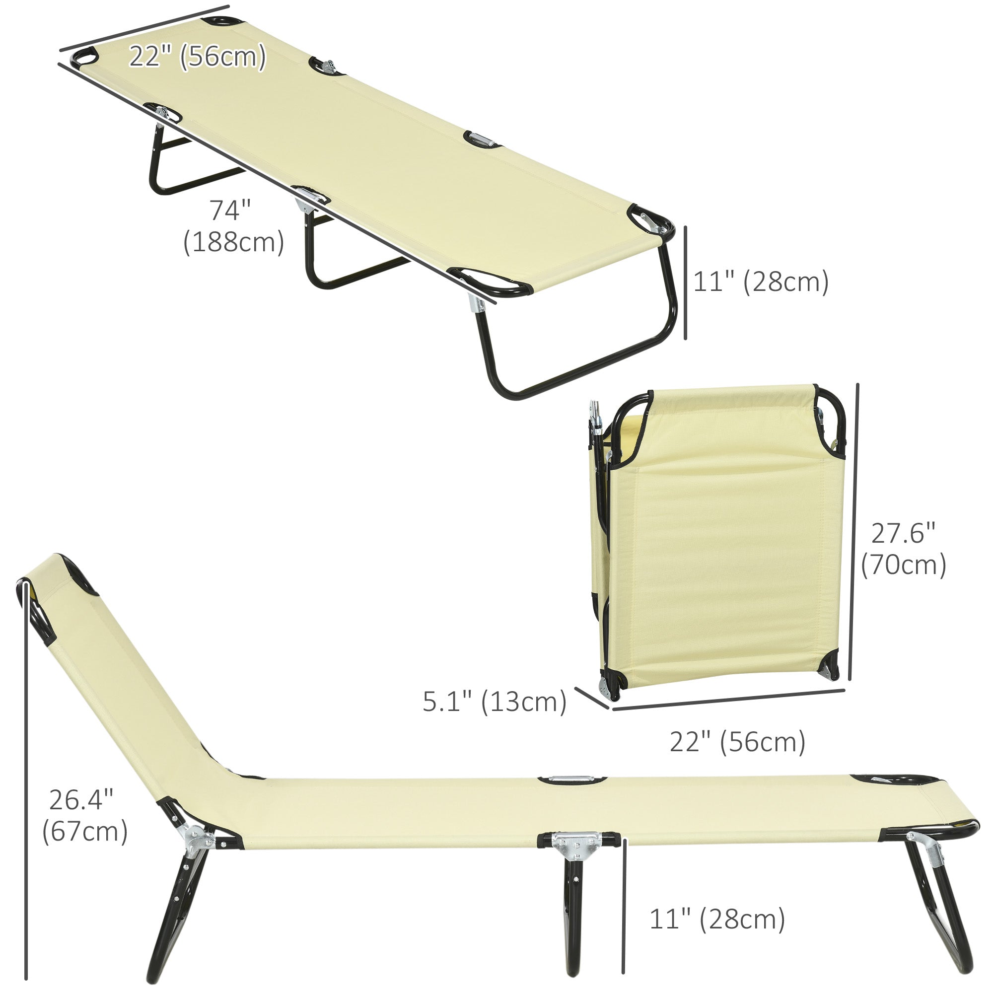 Outsunny Folding Outdoor Lounge Chair Set of 2, Steel Poolside Sun Tanning Chairs with 5 Level Reclining Back and Breathable Mesh for Beach, Yard, Patio, Beige