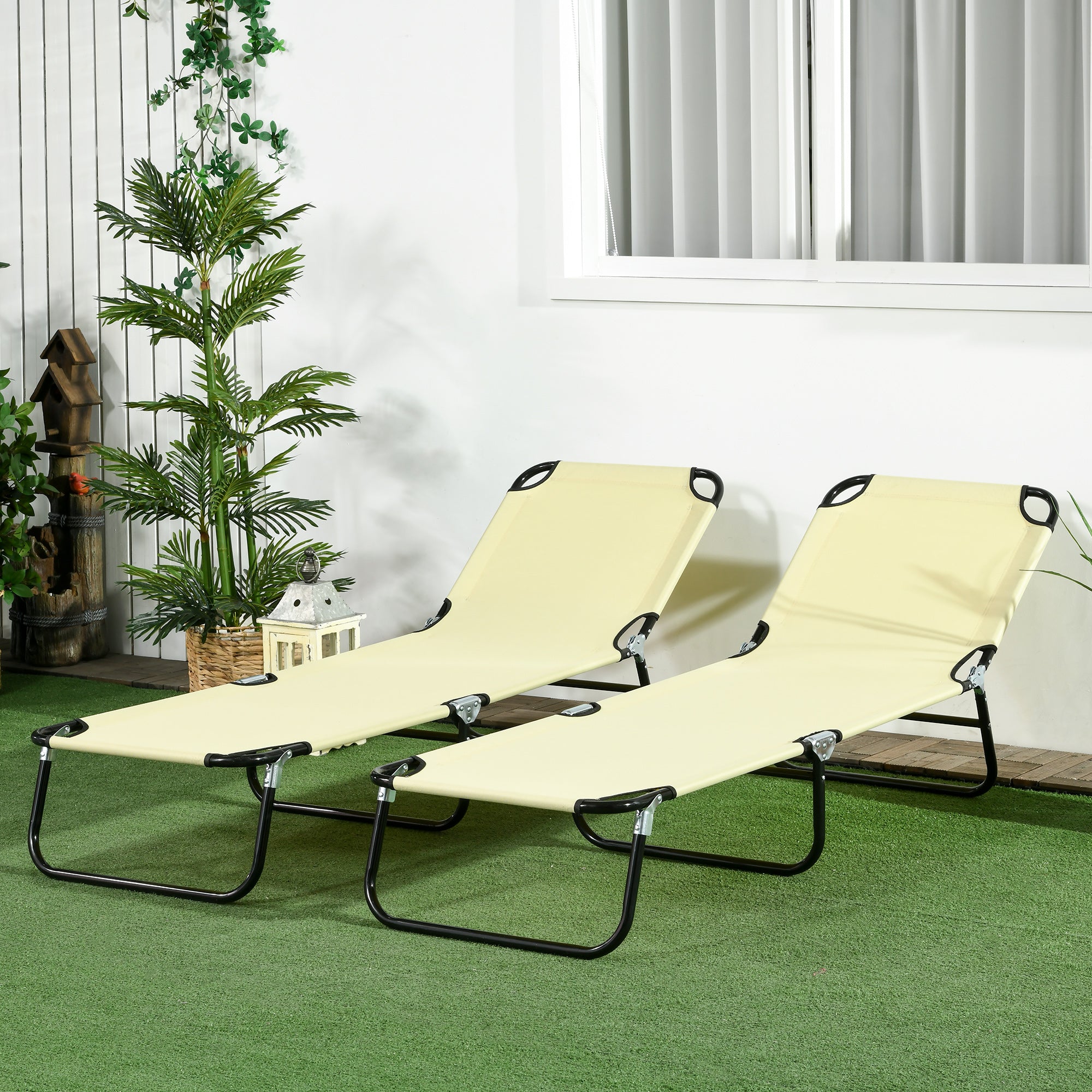 Outsunny Folding Outdoor Lounge Chair Set of 2, Steel Poolside Sun Tanning Chairs with 5 Level Reclining Back and Breathable Mesh for Beach, Yard, Patio, Beige
