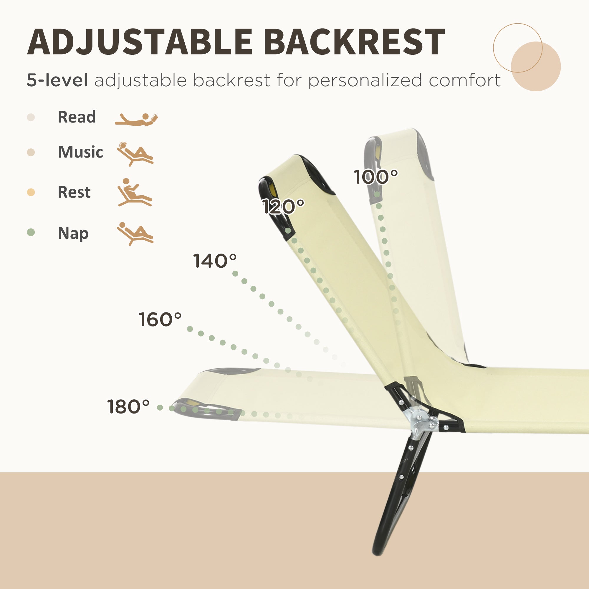 Outsunny Folding Outdoor Lounge Chair Set of 2, Steel Poolside Sun Tanning Chairs with 5 Level Reclining Back and Breathable Mesh for Beach, Yard, Patio, Beige