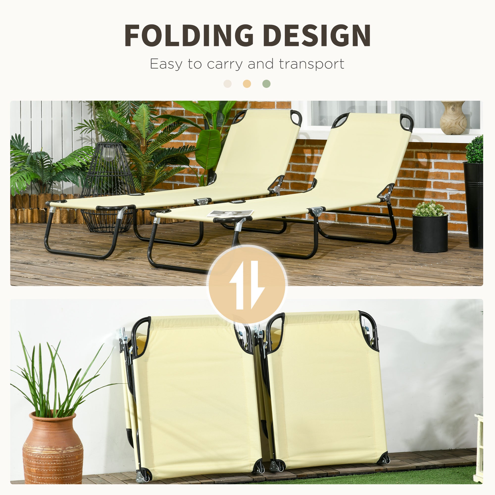 Outsunny Folding Outdoor Lounge Chair Set of 2, Steel Poolside Sun Tanning Chairs with 5 Level Reclining Back and Breathable Mesh for Beach, Yard, Patio, Beige