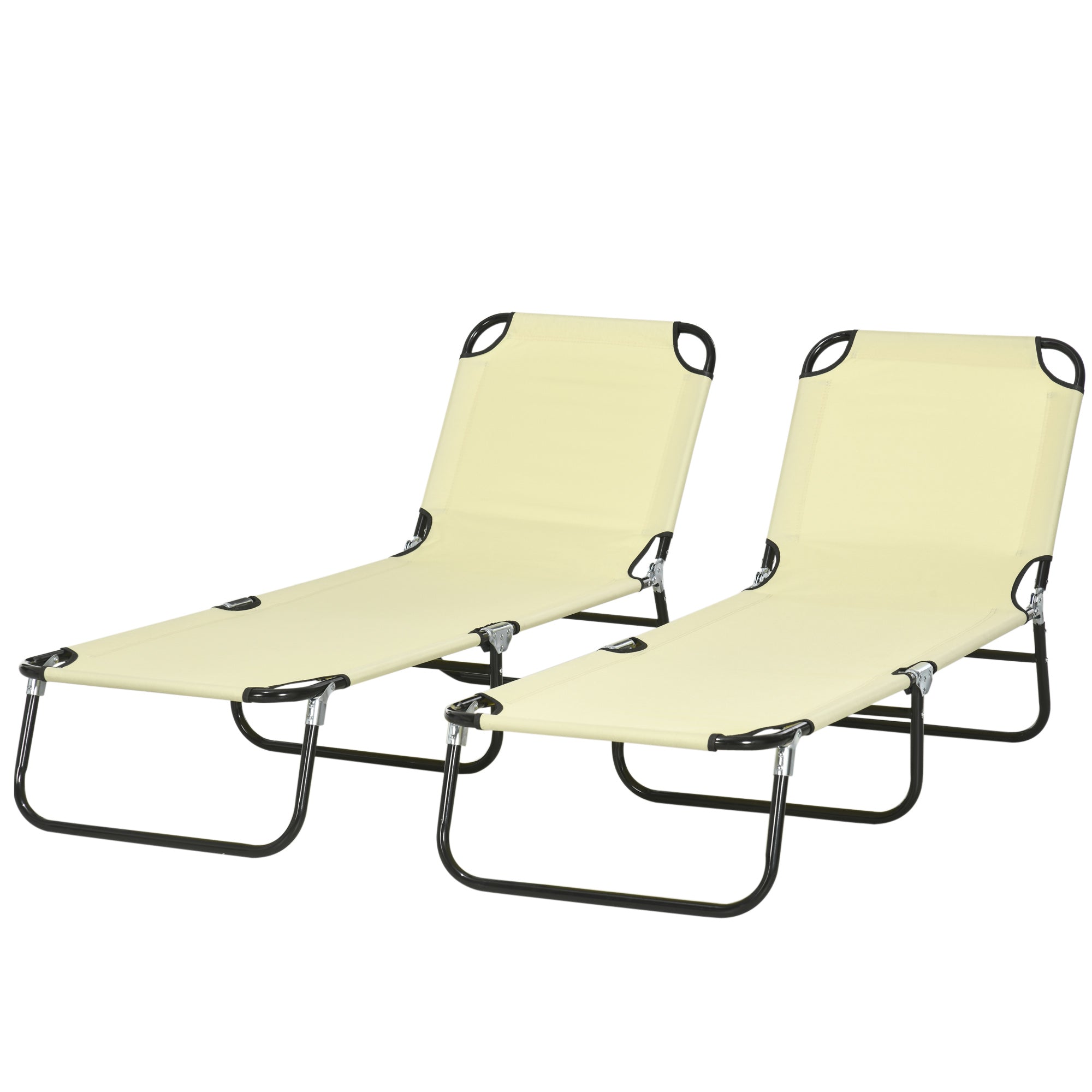 Outsunny Folding Outdoor Lounge Chair Set of 2, Steel Poolside Sun Tanning Chairs with 5 Level Reclining Back and Breathable Mesh for Beach, Yard, Patio, Beige