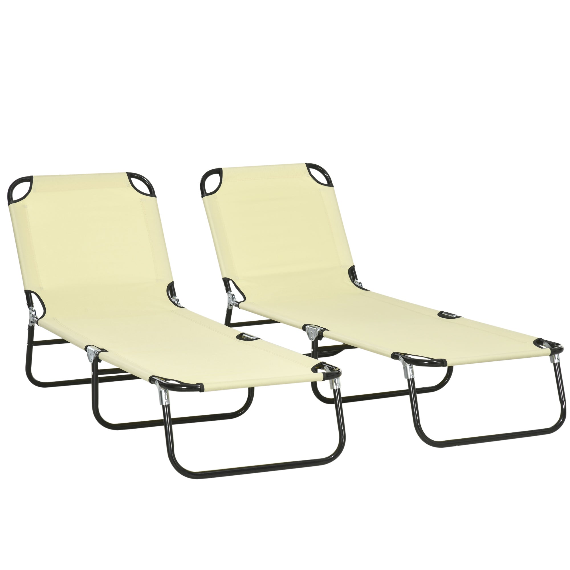 Outsunny Folding Outdoor Lounge Chair Set of 2, Steel Poolside Sun Tanning Chairs with 5 Level Reclining Back and Breathable Mesh for Beach, Yard, Patio, Beige