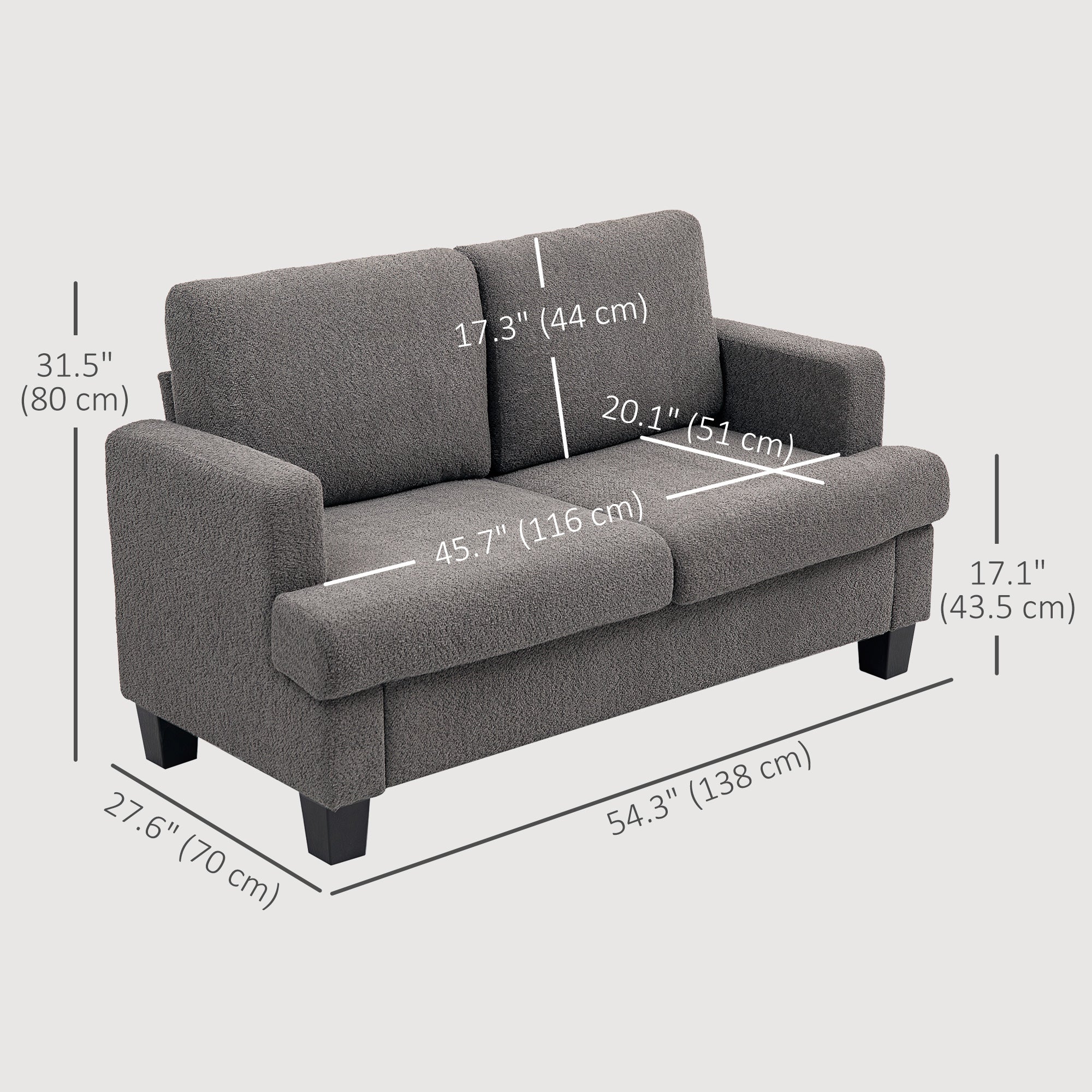 HOMCOM 54.3" Loveseat Sofa, Modern 2 Seater Sofa Couch with Removable Cushions, Upholstered Small Couch with Solid Wood Frame for Living Room, Bedroom and Small Space, Dark Grey