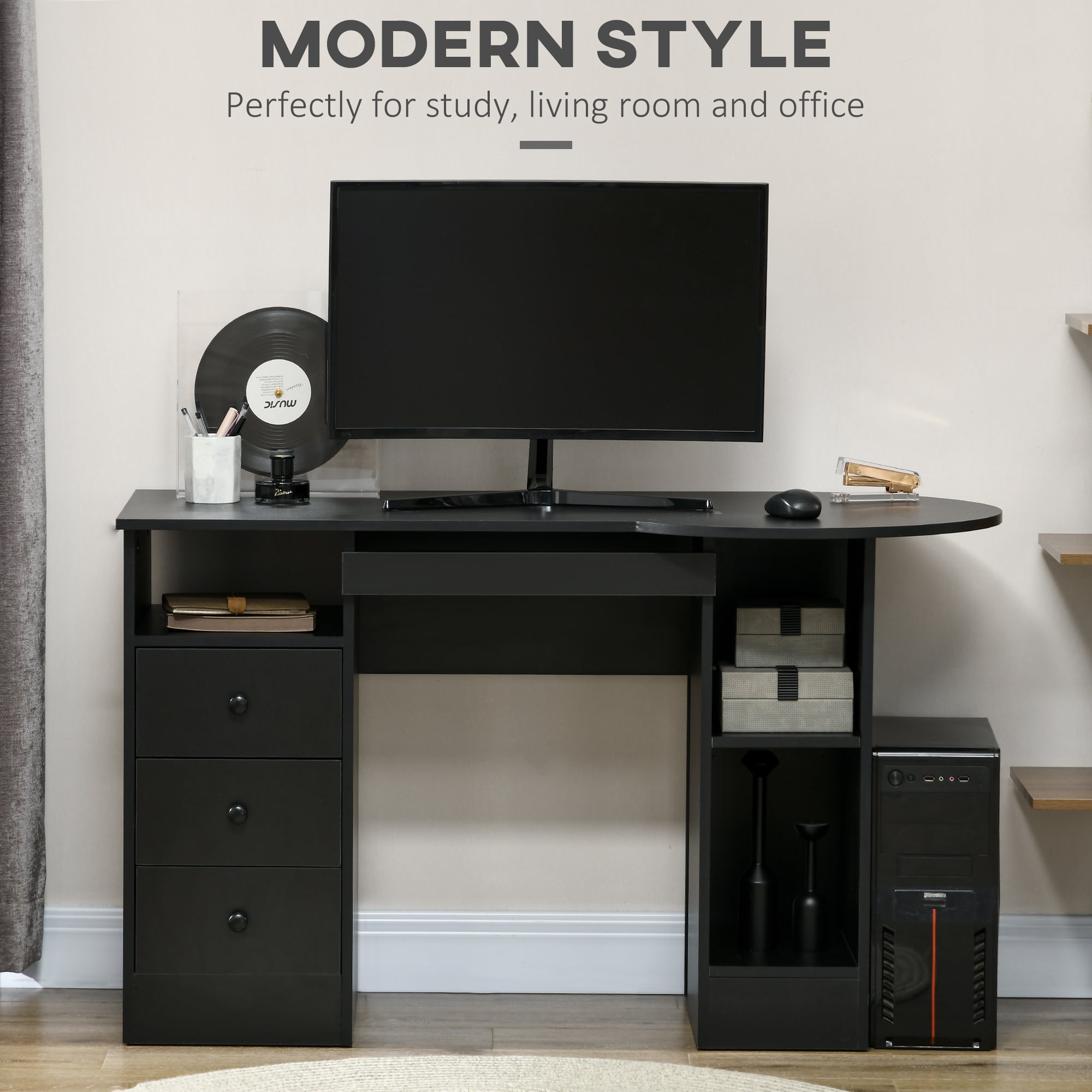HOMCOM Computer Desk with Storage, Home Office Laptop Table with Shelves and Drawers, Modern Workstation Desk with Keyboard Tray for Study, Living Room, Black