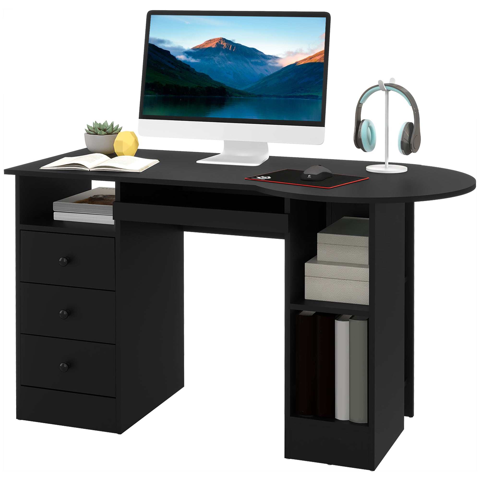 HOMCOM Computer Desk with Storage, Home Office Laptop Table with Shelves and Drawers, Modern Workstation Desk with Keyboard Tray for Study, Living Room, Black