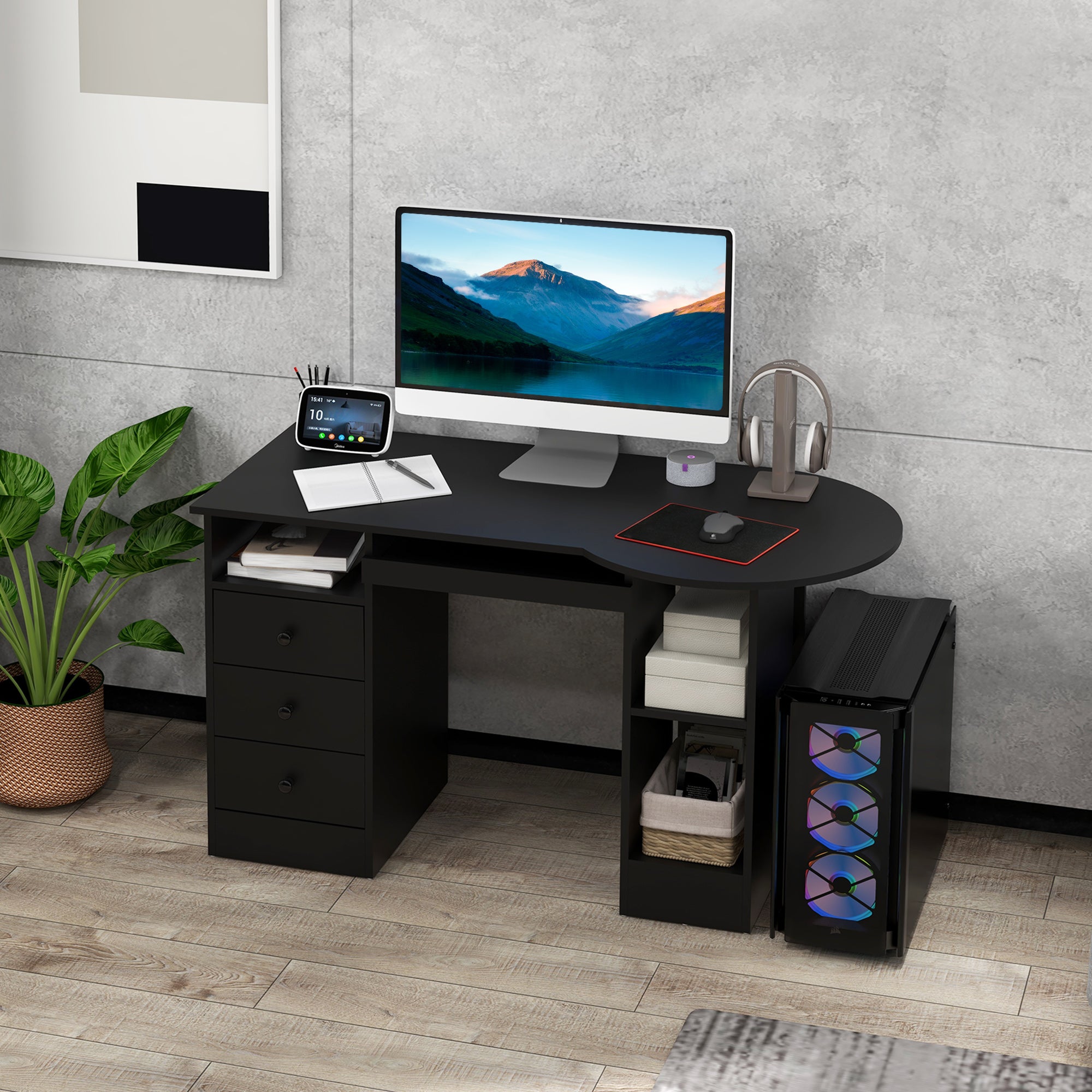 HOMCOM Computer Desk with Storage, Home Office Laptop Table with Shelves and Drawers, Modern Workstation Desk with Keyboard Tray for Study, Living Room, Black