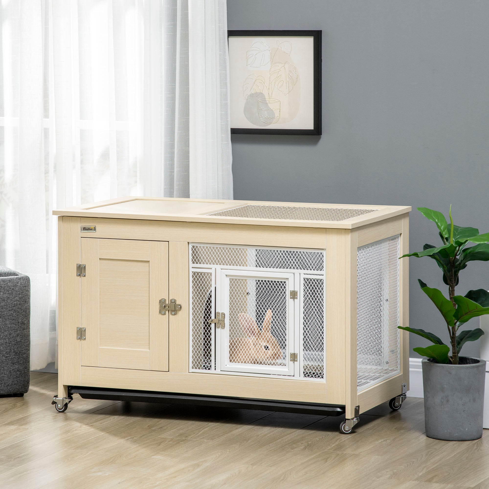 PawHut Rabbit Hutch Indoor Guinea Pig Cage with Openable Roof, Wheels, No-Leak Plastic Tray, 94 x 53 x 56 cm - Oak Tone