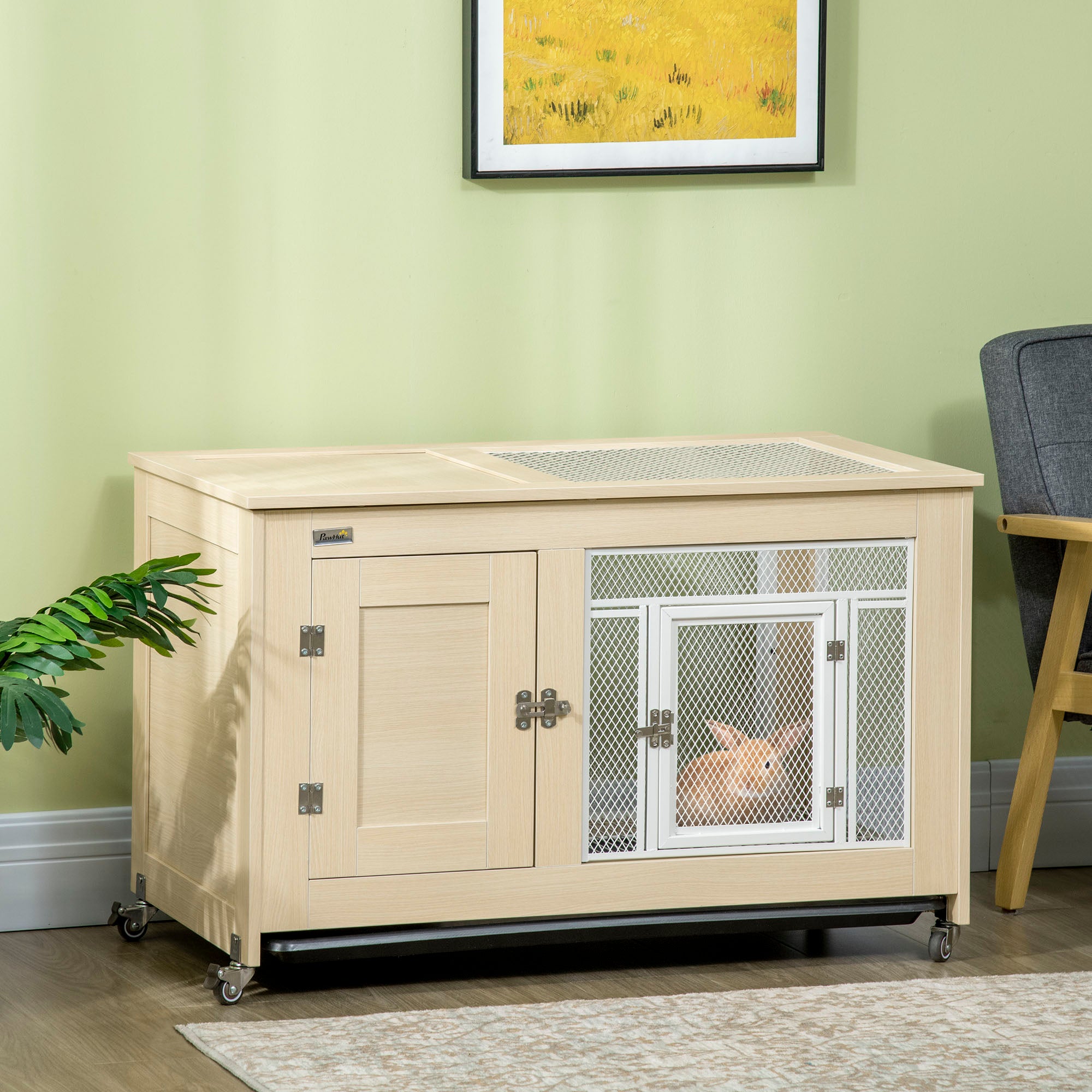 PawHut Rabbit Hutch Indoor Guinea Pig Cage with Openable Roof, Wheels, No-Leak Plastic Tray, 94 x 53 x 56 cm - Oak Tone