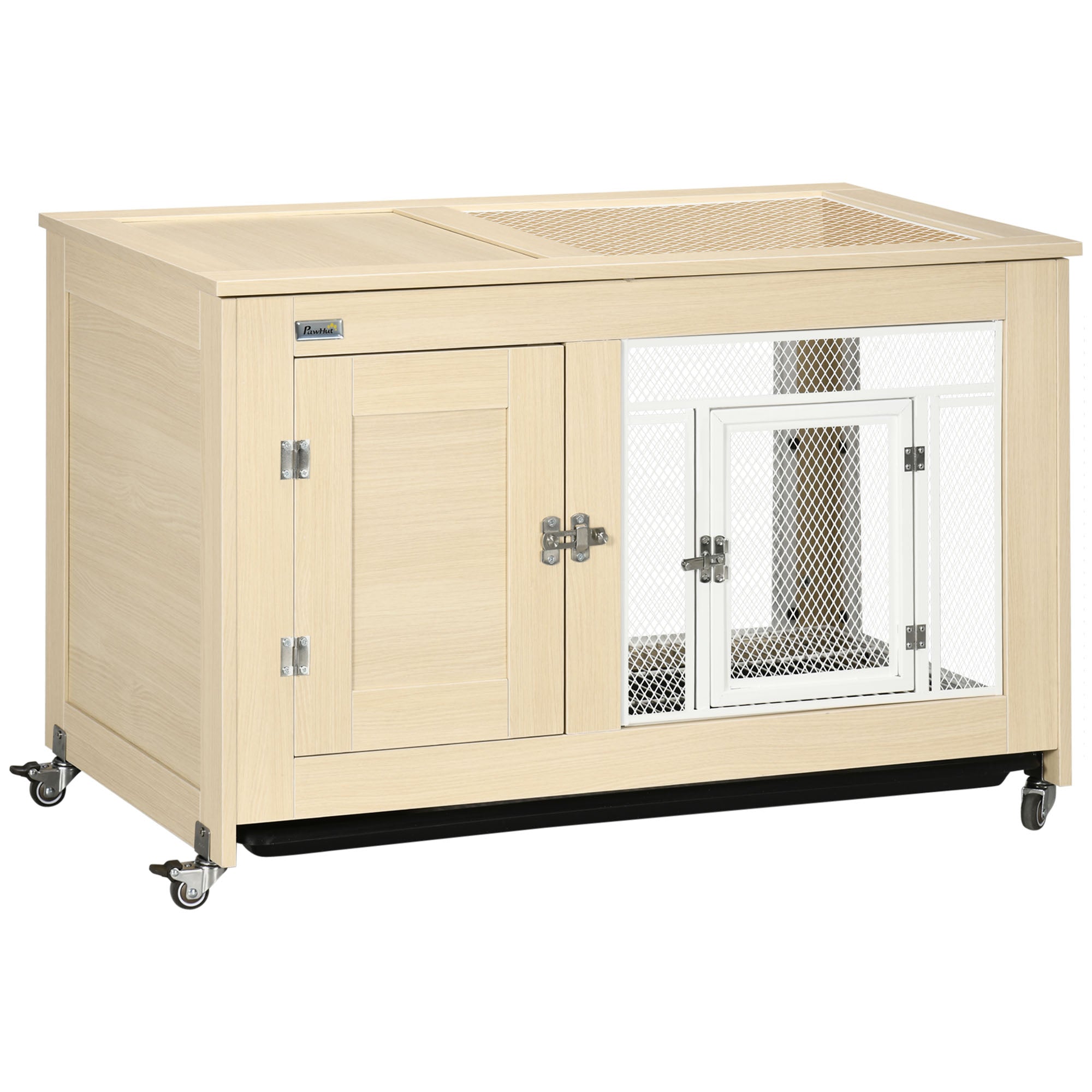 PawHut Rabbit Hutch Indoor Guinea Pig Cage with Openable Roof, Wheels, No-Leak Plastic Tray, 94 x 53 x 56 cm - Oak Tone