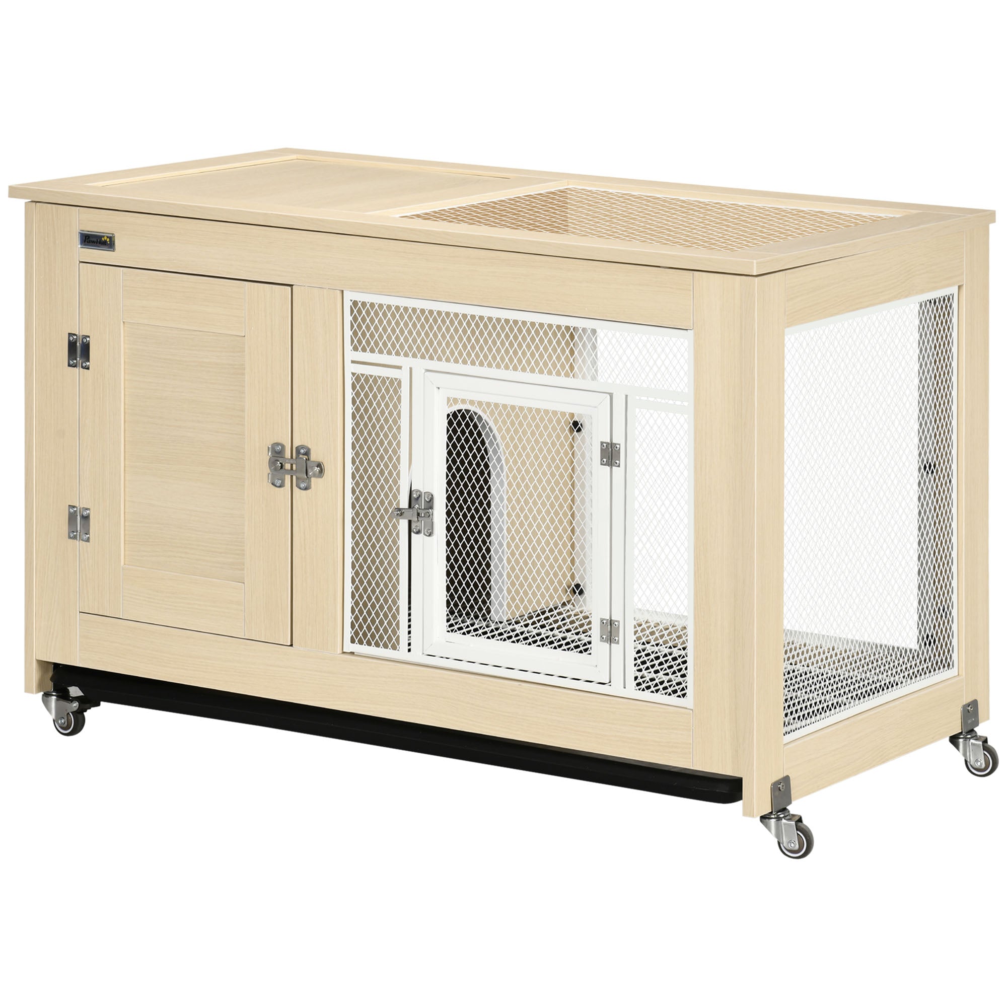PawHut Rabbit Hutch Indoor Guinea Pig Cage with Openable Roof, Wheels, No-Leak Plastic Tray, 94 x 53 x 56 cm - Oak Tone
