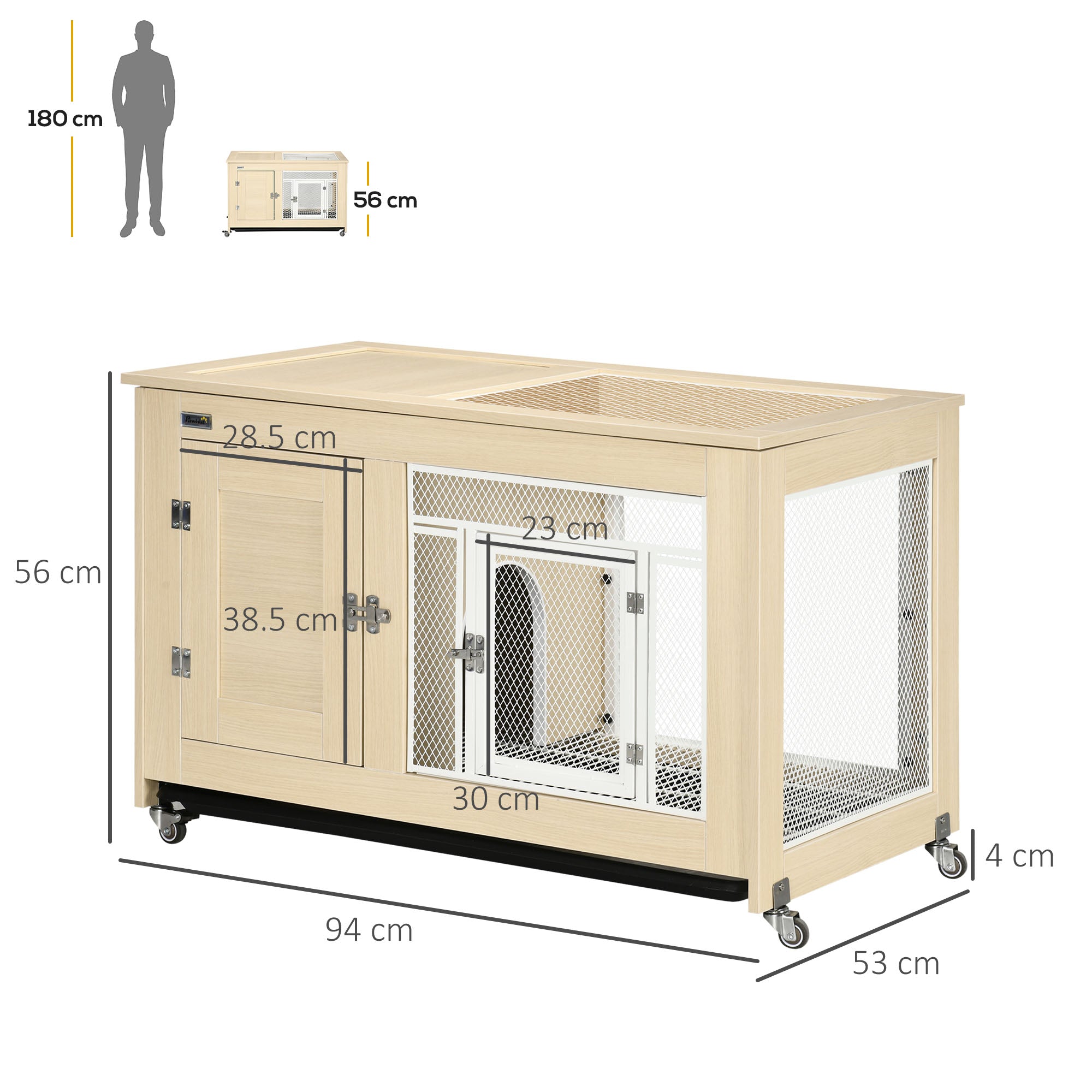 PawHut Rabbit Hutch Indoor Guinea Pig Cage with Openable Roof, Wheels, No-Leak Plastic Tray, 94 x 53 x 56 cm - Oak Tone