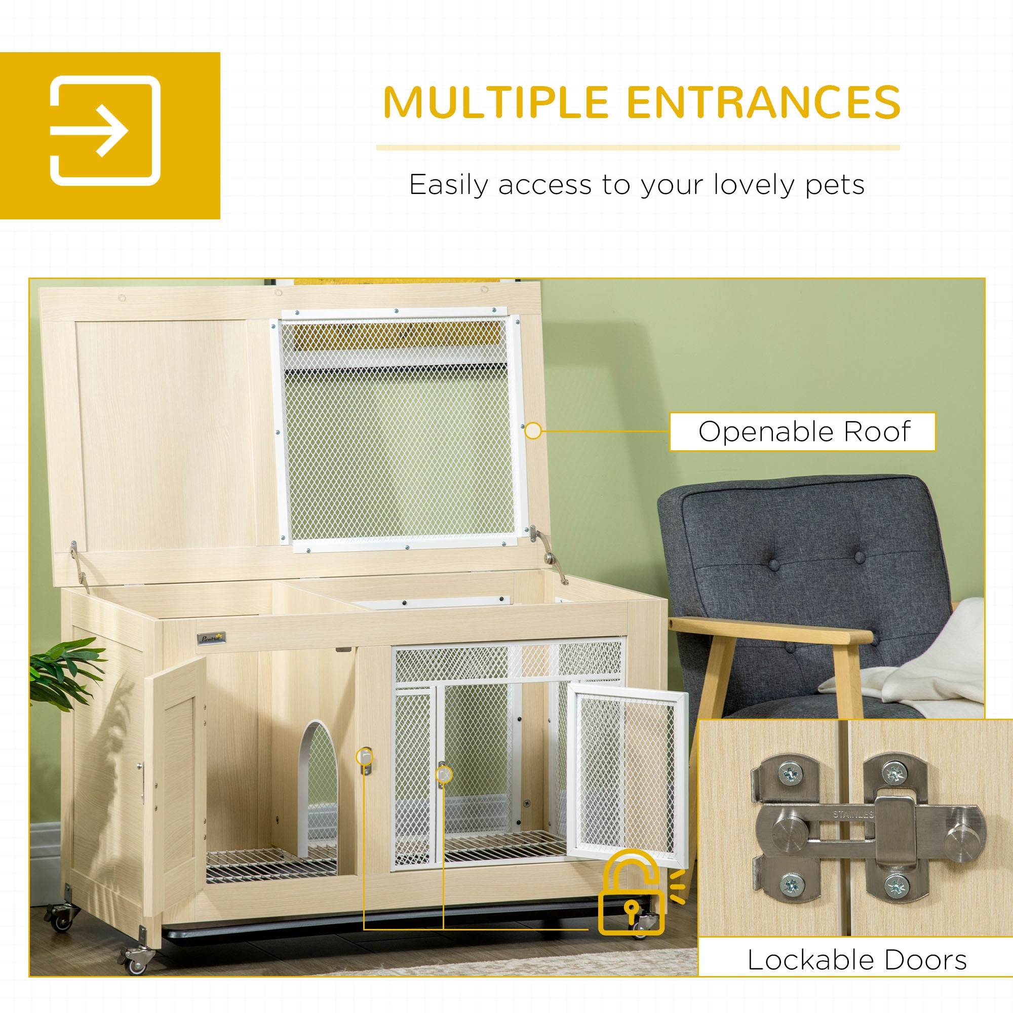 PawHut Rabbit Hutch Indoor Guinea Pig Cage with Openable Roof, Wheels, No-Leak Plastic Tray, 94 x 53 x 56 cm - Oak Tone