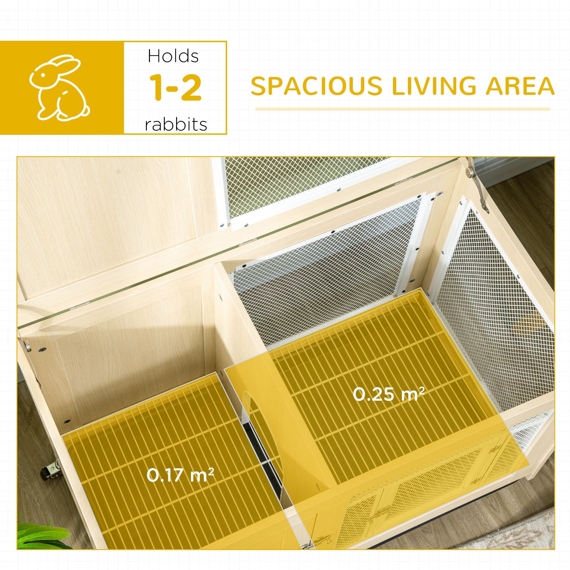 PawHut Rabbit Hutch Indoor Guinea Pig Cage with Openable Roof, Wheels, No-Leak Plastic Tray, 94 x 53 x 56 cm - Oak Tone