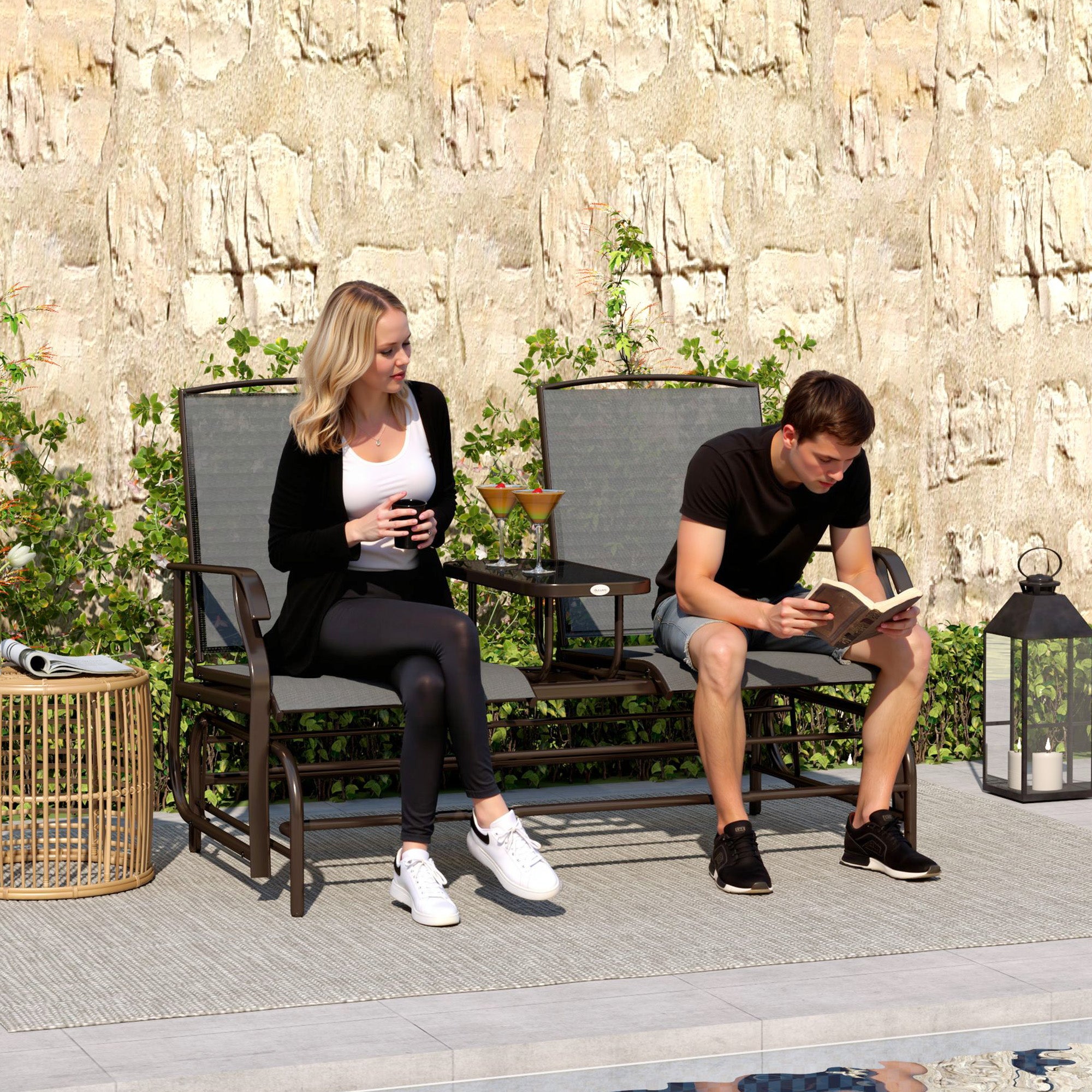 Outsunny Outdoor Glider Bench with Table, Patio Loveseat for 2 Persons, Garden Glider Rocking Chair with Breathable Mesh Fabric, Black