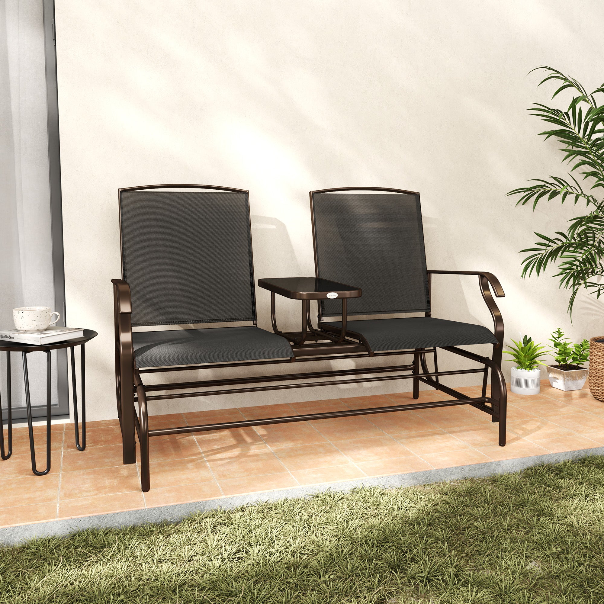 Outsunny Outdoor Glider Bench with Table, Patio Loveseat for 2 Persons, Garden Glider Rocking Chair with Breathable Mesh Fabric, Black