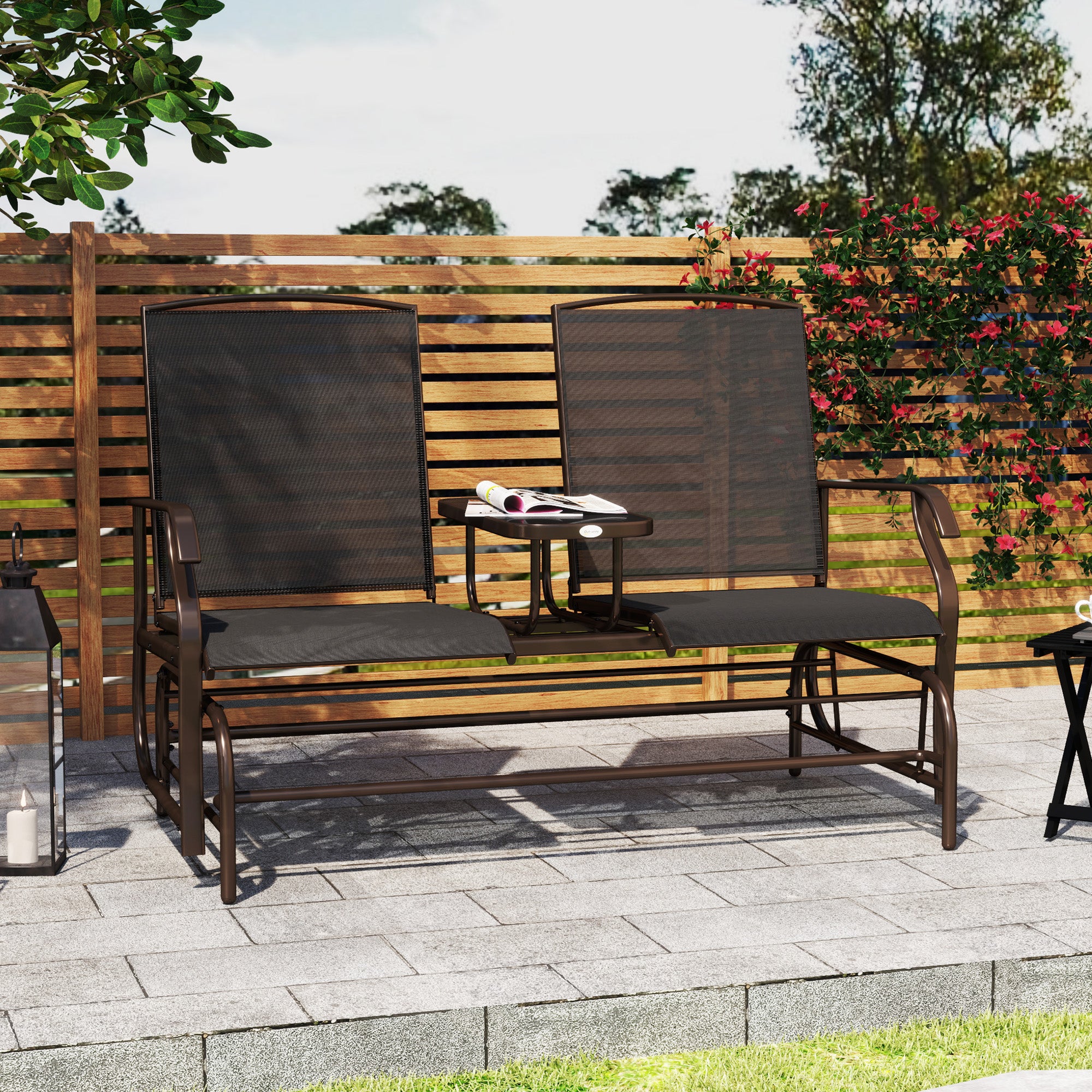 Outsunny Outdoor Glider Bench with Table, Patio Loveseat for 2 Persons, Garden Glider Rocking Chair with Breathable Mesh Fabric, Black