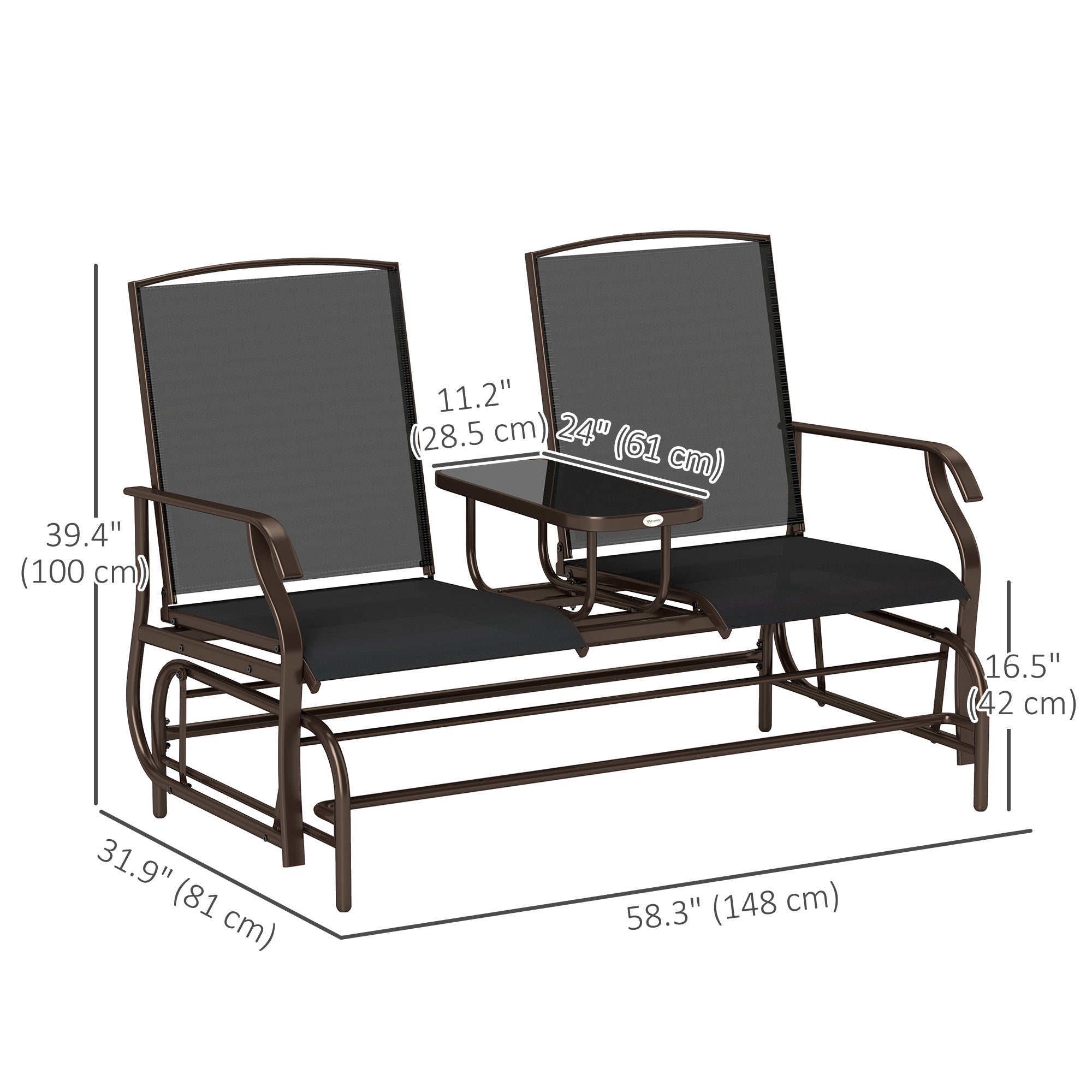 Outsunny Outdoor Glider Bench with Table, Patio Loveseat for 2 Persons, Garden Glider Rocking Chair with Breathable Mesh Fabric, Black