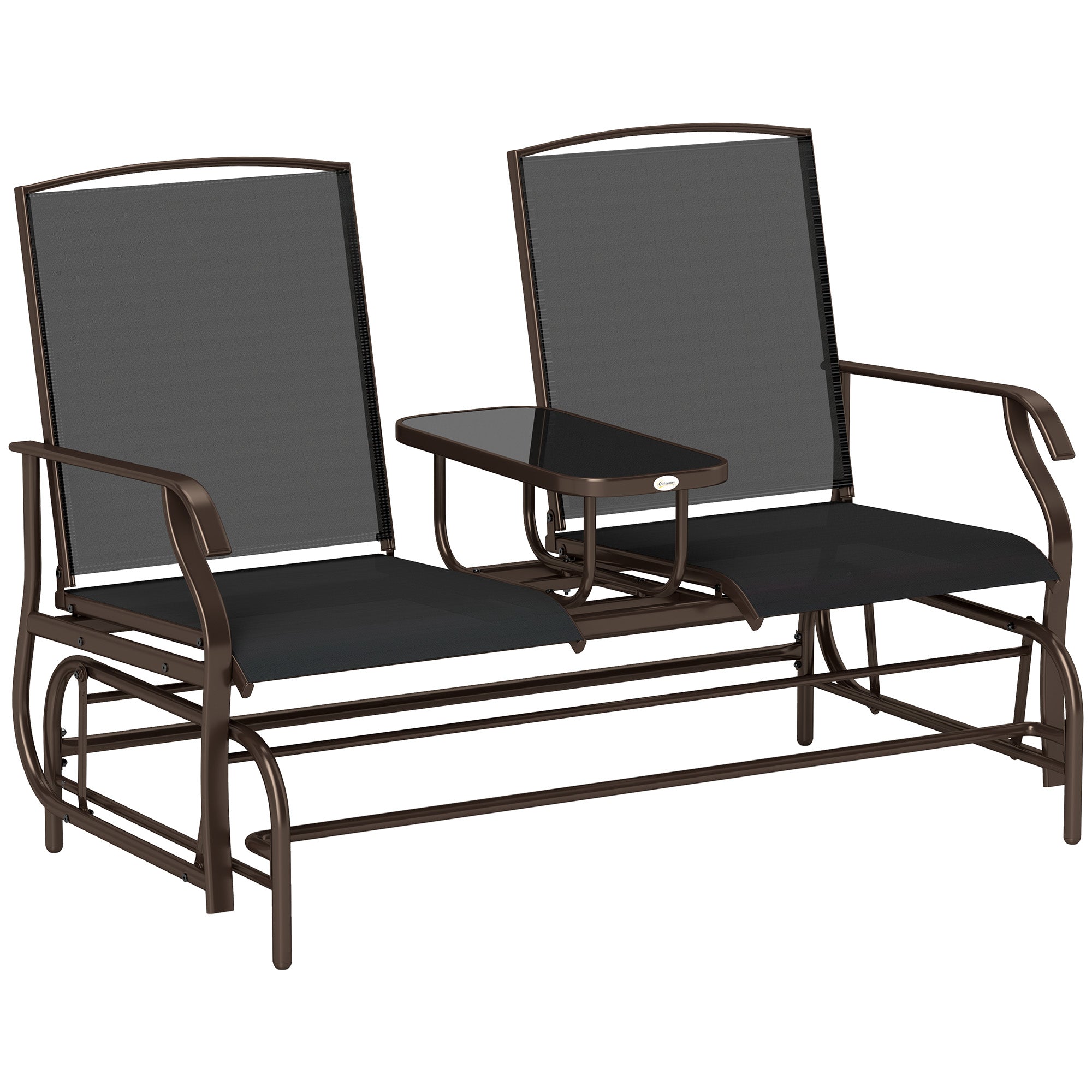 Outsunny Outdoor Glider Bench with Table, Patio Loveseat for 2 Persons, Garden Glider Rocking Chair with Breathable Mesh Fabric, Black