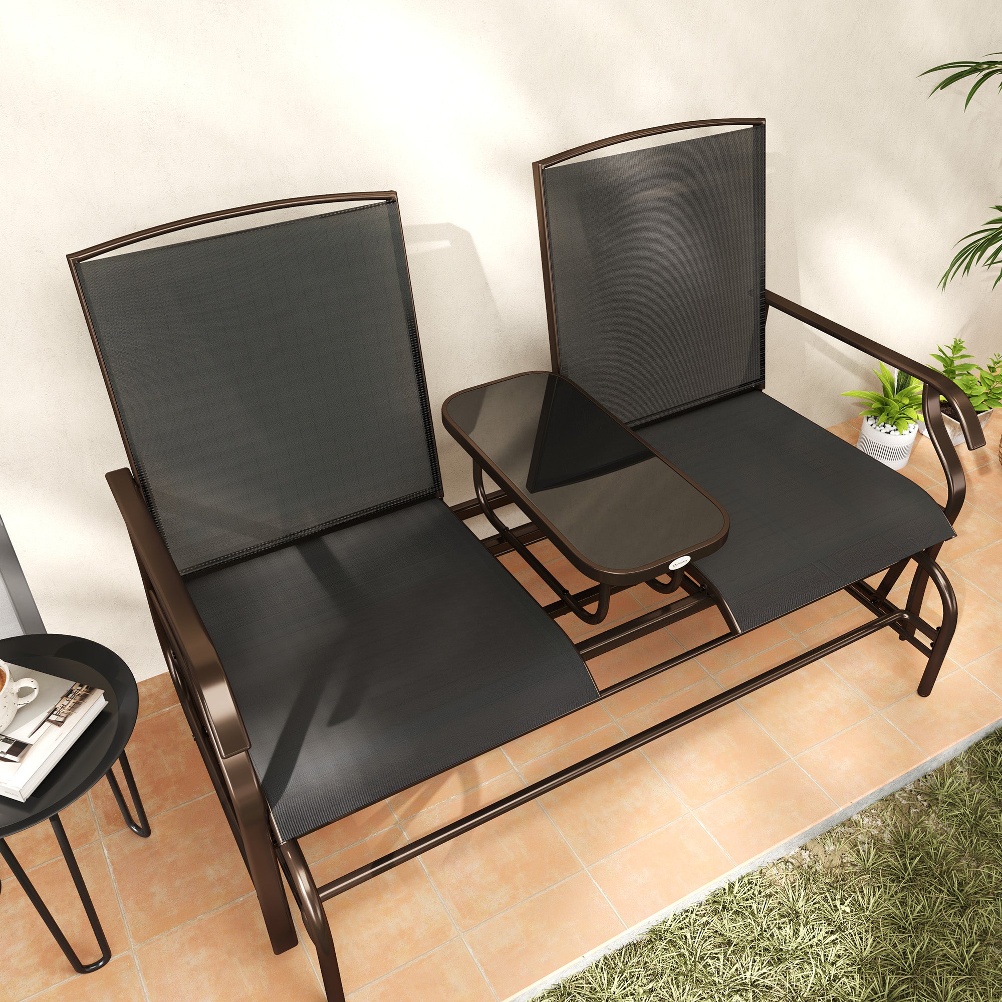 Outsunny Outdoor Glider Bench with Table, Patio Loveseat for 2 Persons, Garden Glider Rocking Chair with Breathable Mesh Fabric, Black