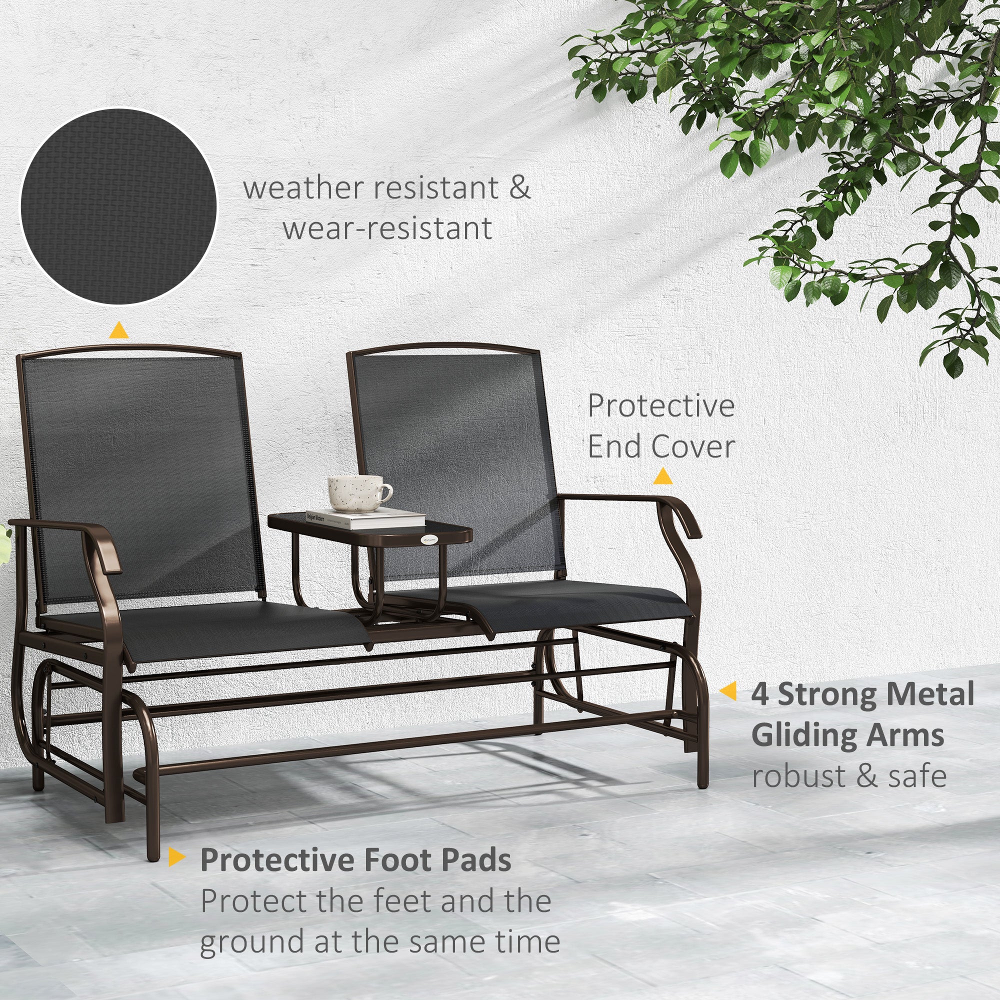 Outsunny Outdoor Glider Bench with Table, Patio Loveseat for 2 Persons, Garden Glider Rocking Chair with Breathable Mesh Fabric, Black