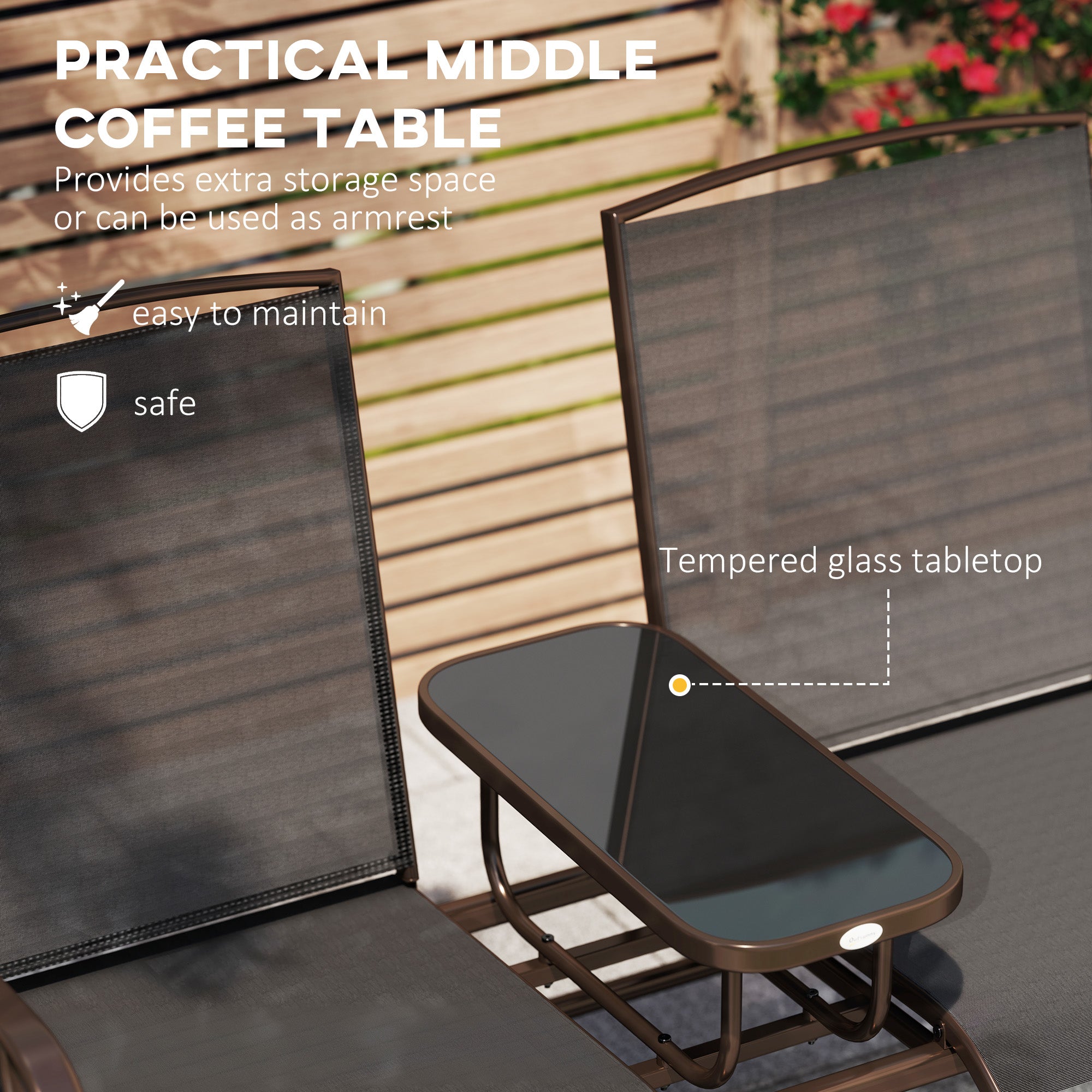 Outsunny Outdoor Glider Bench with Table, Patio Loveseat for 2 Persons, Garden Glider Rocking Chair with Breathable Mesh Fabric, Black