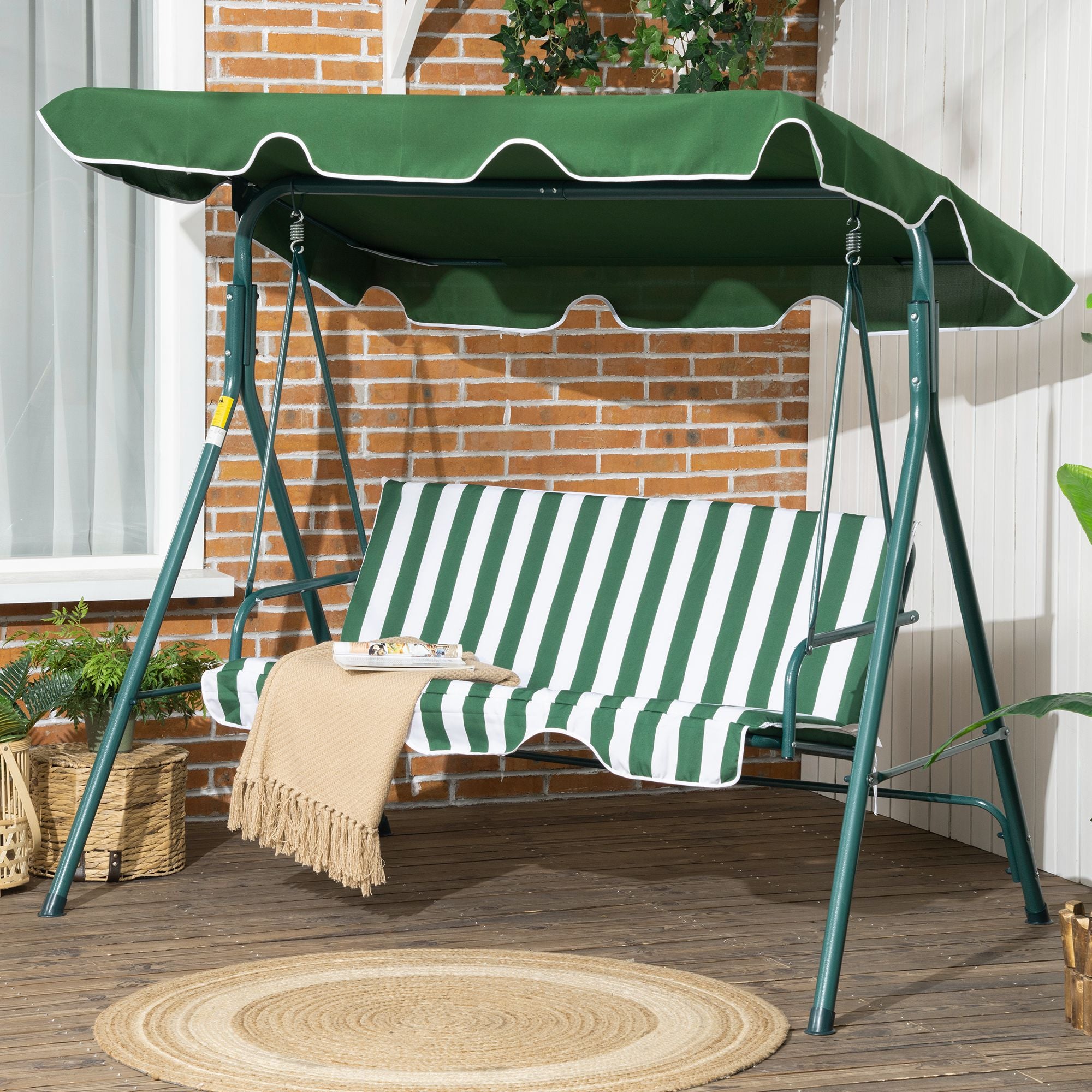 Outsunny 3-Seat Patio Swing Chair, Outdoor Porch Swing Glider with Adjustable Canopy, Cushion, and Weather Resistant Steel Frame, for Garden, Poolside, Backyard, Green and White