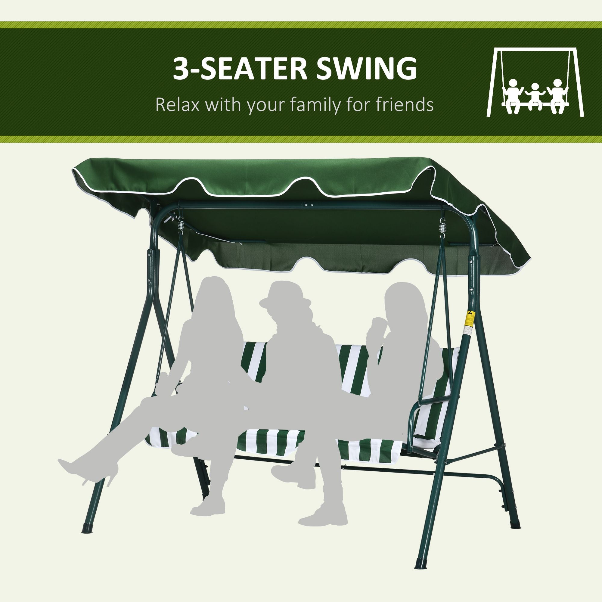 Outsunny 3-Seat Patio Swing Chair, Outdoor Porch Swing Glider with Adjustable Canopy, Cushion, and Weather Resistant Steel Frame, for Garden, Poolside, Backyard, Green and White
