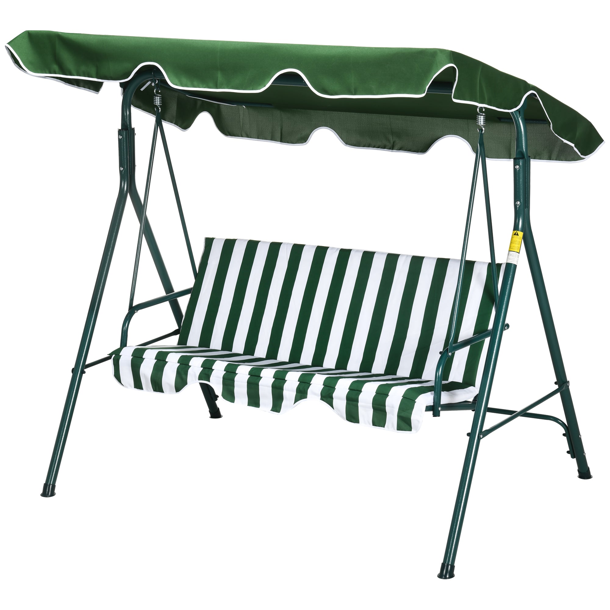 Outsunny 3-Seat Patio Swing Chair, Outdoor Porch Swing Glider with Adjustable Canopy, Cushion, and Weather Resistant Steel Frame, for Garden, Poolside, Backyard, Green and White