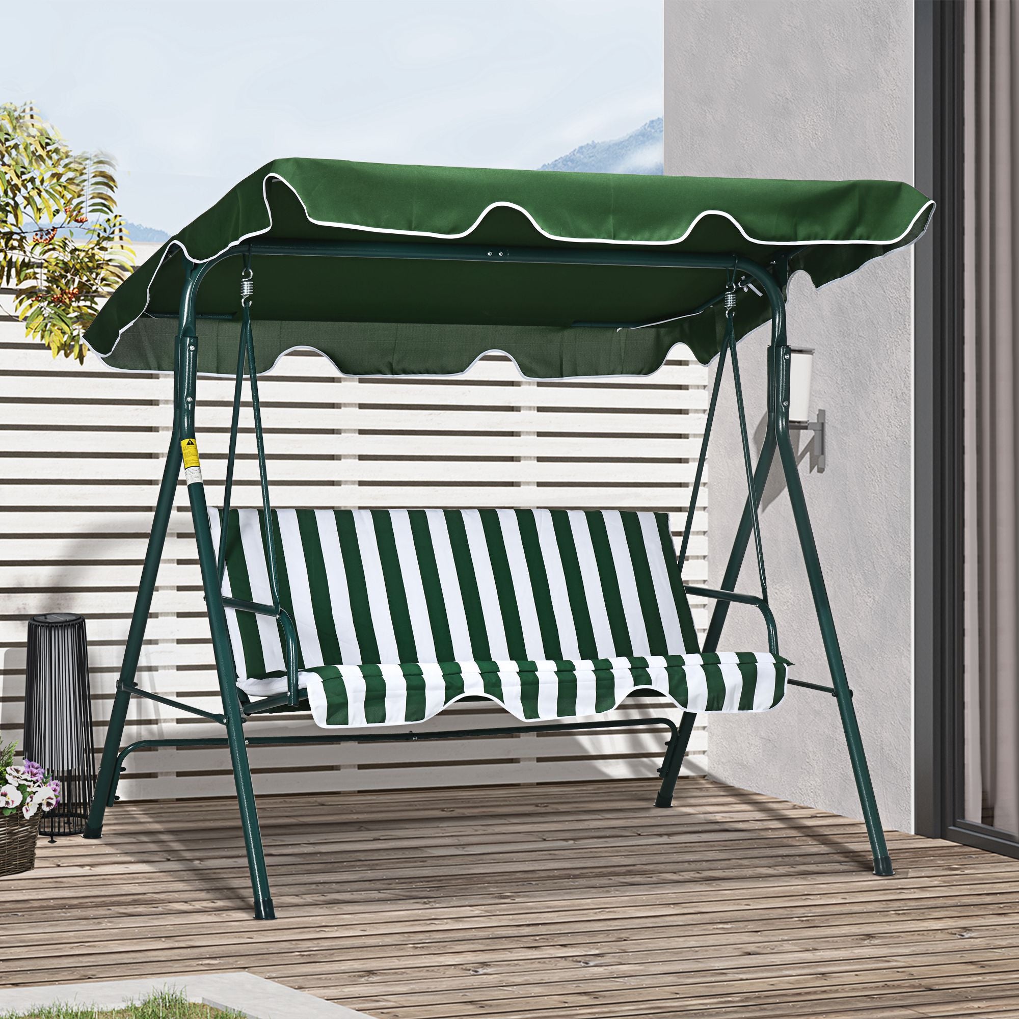 Outsunny 3-Seat Patio Swing Chair, Outdoor Porch Swing Glider with Adjustable Canopy, Cushion, and Weather Resistant Steel Frame, for Garden, Poolside, Backyard, Green and White