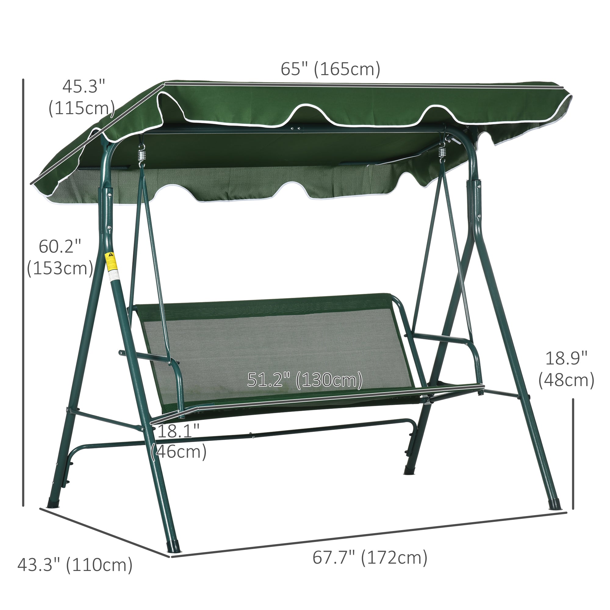 Outsunny 3-Seat Patio Swing Chair, Outdoor Porch Swing Glider with Adjustable Canopy, Cushion, and Weather Resistant Steel Frame, for Garden, Poolside, Backyard, Green and White