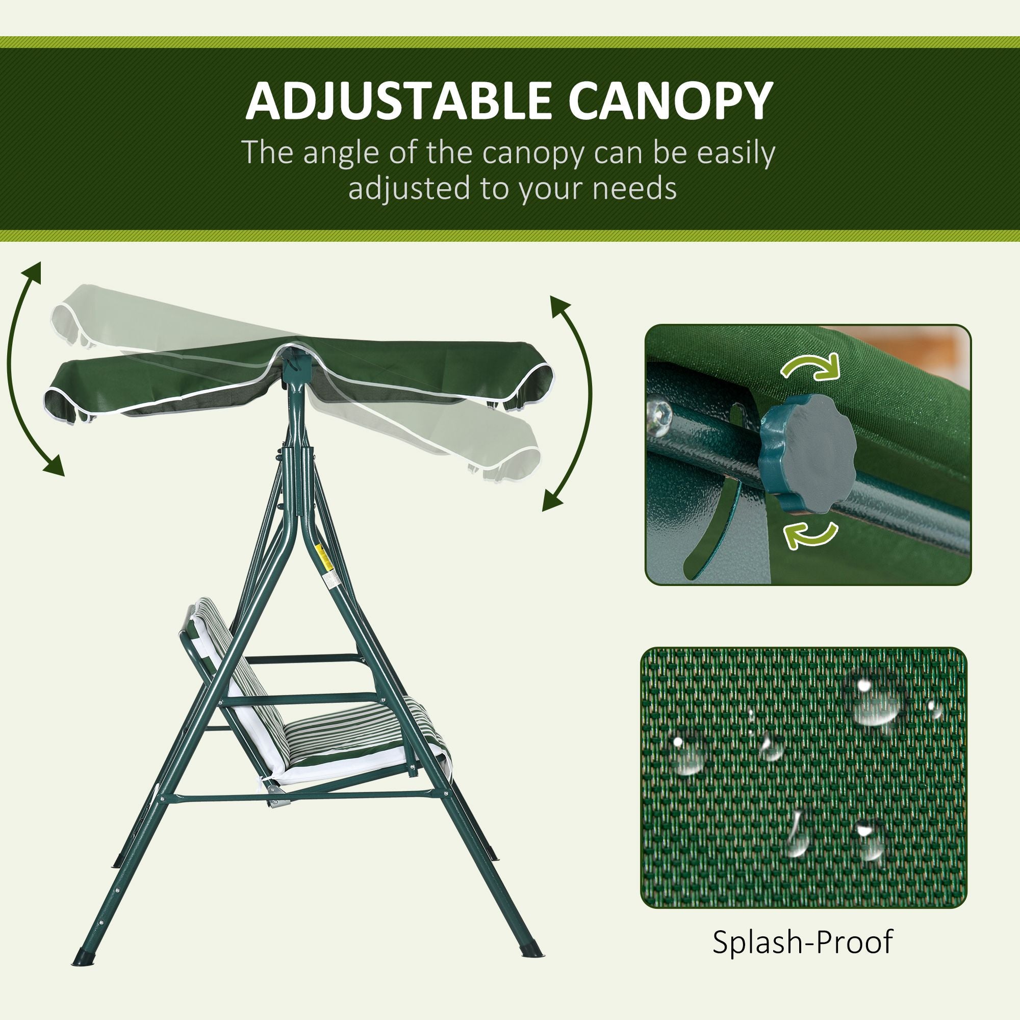 Outsunny 3-Seat Patio Swing Chair, Outdoor Porch Swing Glider with Adjustable Canopy, Cushion, and Weather Resistant Steel Frame, for Garden, Poolside, Backyard, Green and White