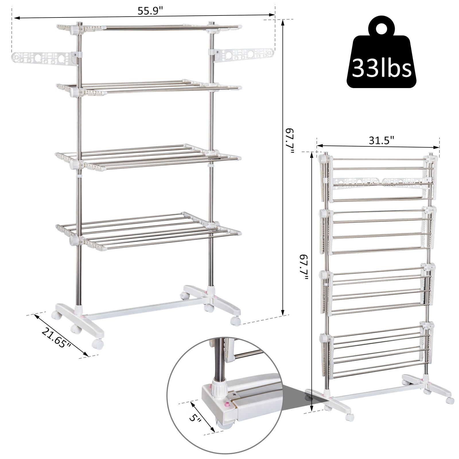 HOMCOM 4-Tier Clothes Drying Rack, Stainless Steel Laundry Rack with 2 Side Wings and 6 Castors, Collapsible Adjustable Clothes Airer for Indoor Outdoor, White