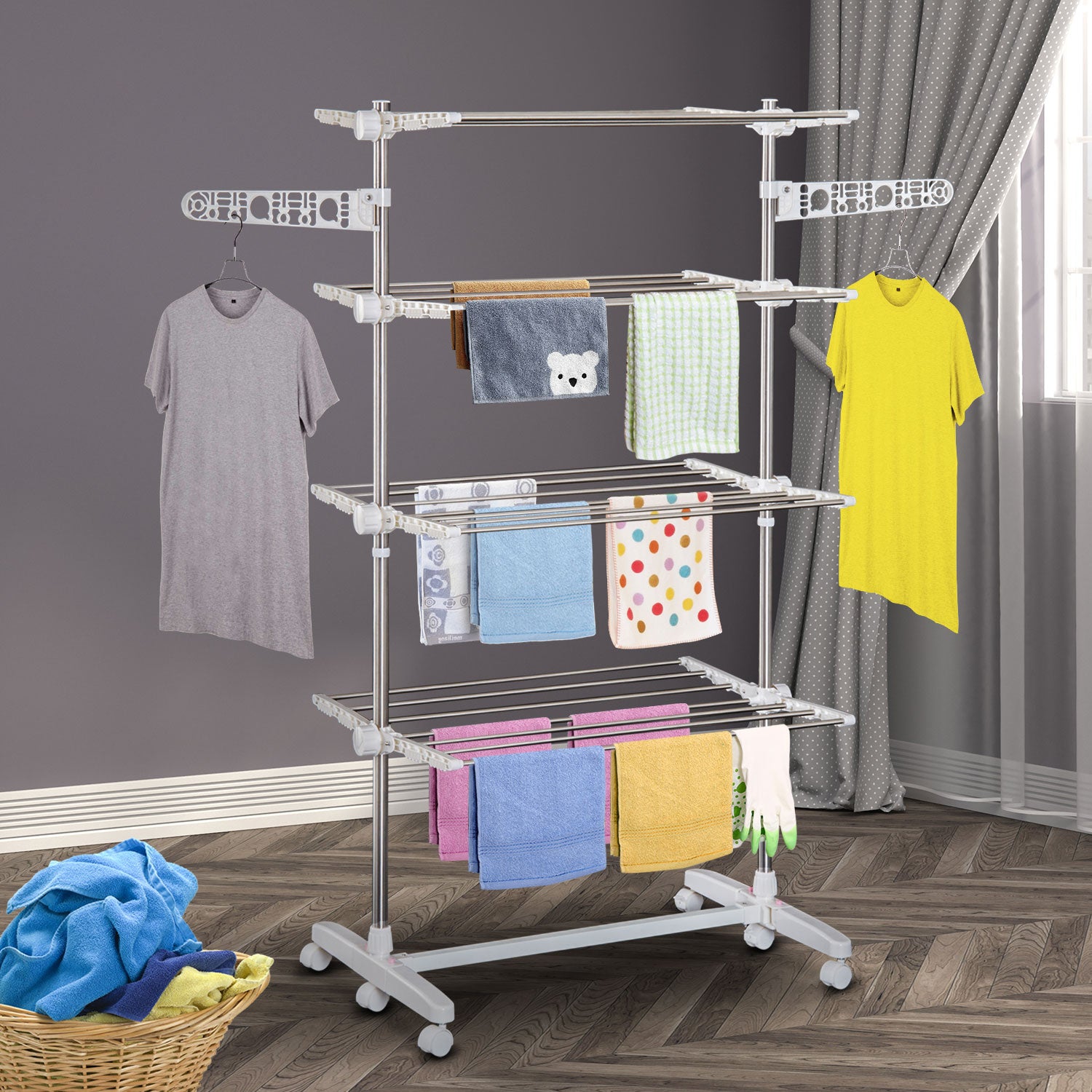 HOMCOM 4-Tier Clothes Drying Rack, Stainless Steel Laundry Rack with 2 Side Wings and 6 Castors, Collapsible Adjustable Clothes Airer for Indoor Outdoor, White