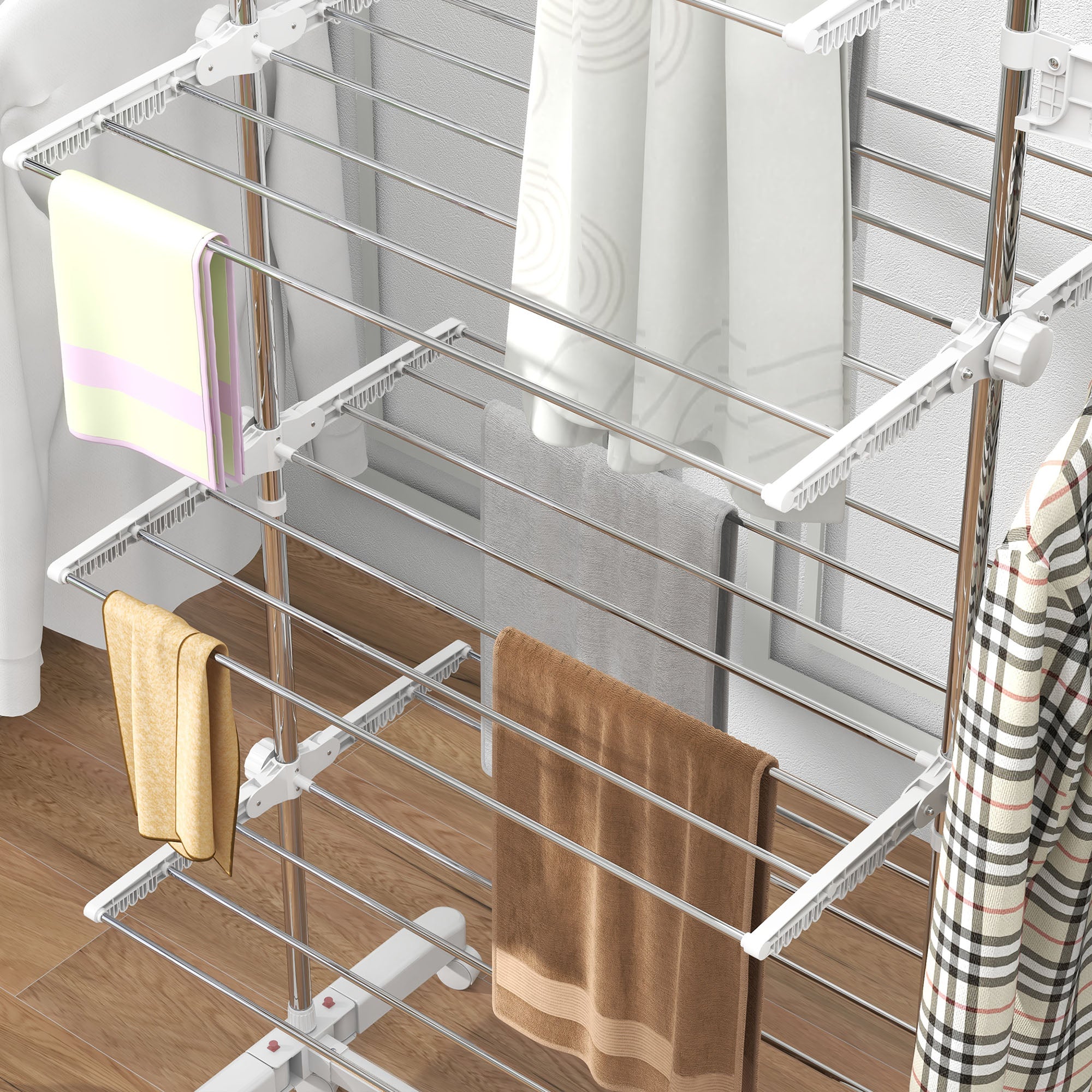 HOMCOM 4-Tier Clothes Airer, Stainless Steel Foldable Clothes Drying Rack with Wheels and Wings, Indoor and Outdoor, Easy Assembly, 142 x 55 x 172cm, White