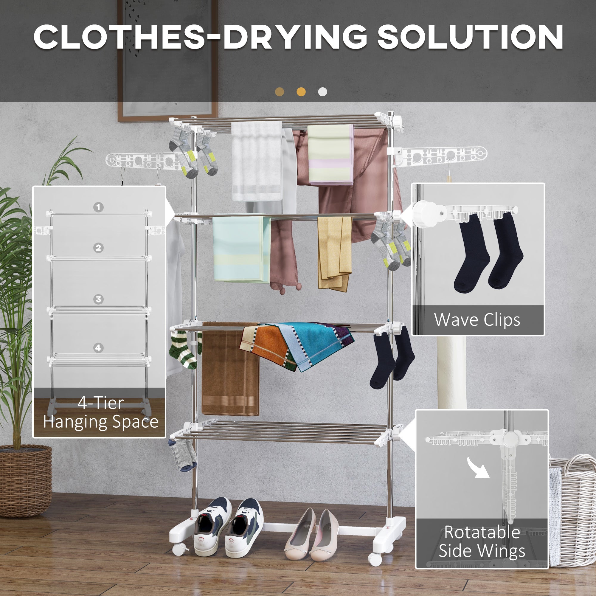 HOMCOM 4-Tier Clothes Airer, Stainless Steel Foldable Clothes Drying Rack with Wheels and Wings, Indoor and Outdoor, Easy Assembly, 142 x 55 x 172cm, White