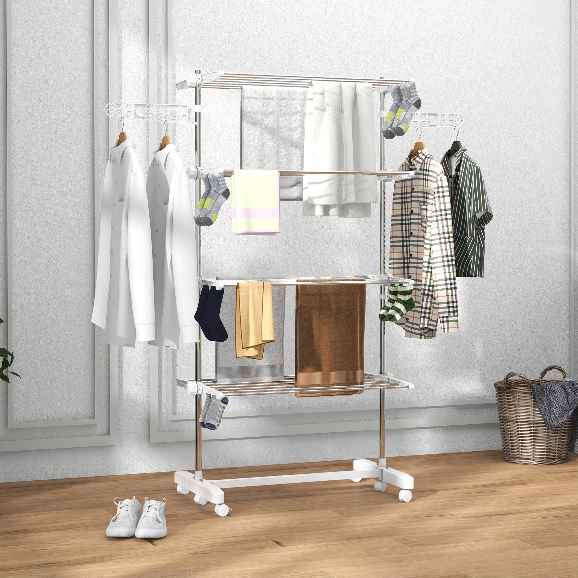 HOMCOM 4-Tier Clothes Airer, Stainless Steel Foldable Clothes Drying Rack with Wheels and Wings, Indoor and Outdoor, Easy Assembly, 142 x 55 x 172cm, White