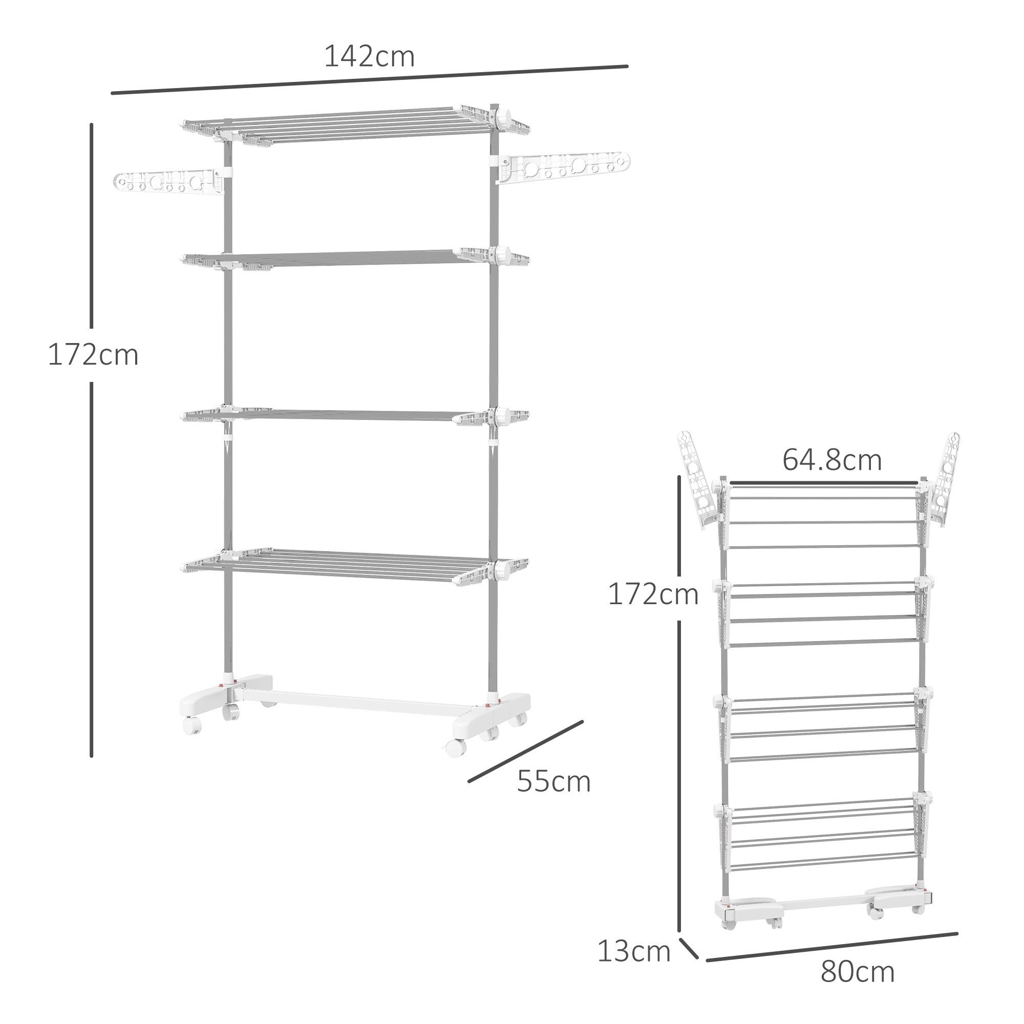 HOMCOM 4-Tier Clothes Airer, Stainless Steel Foldable Clothes Drying Rack with Wheels and Wings, Indoor and Outdoor, Easy Assembly, 142 x 55 x 172cm, White