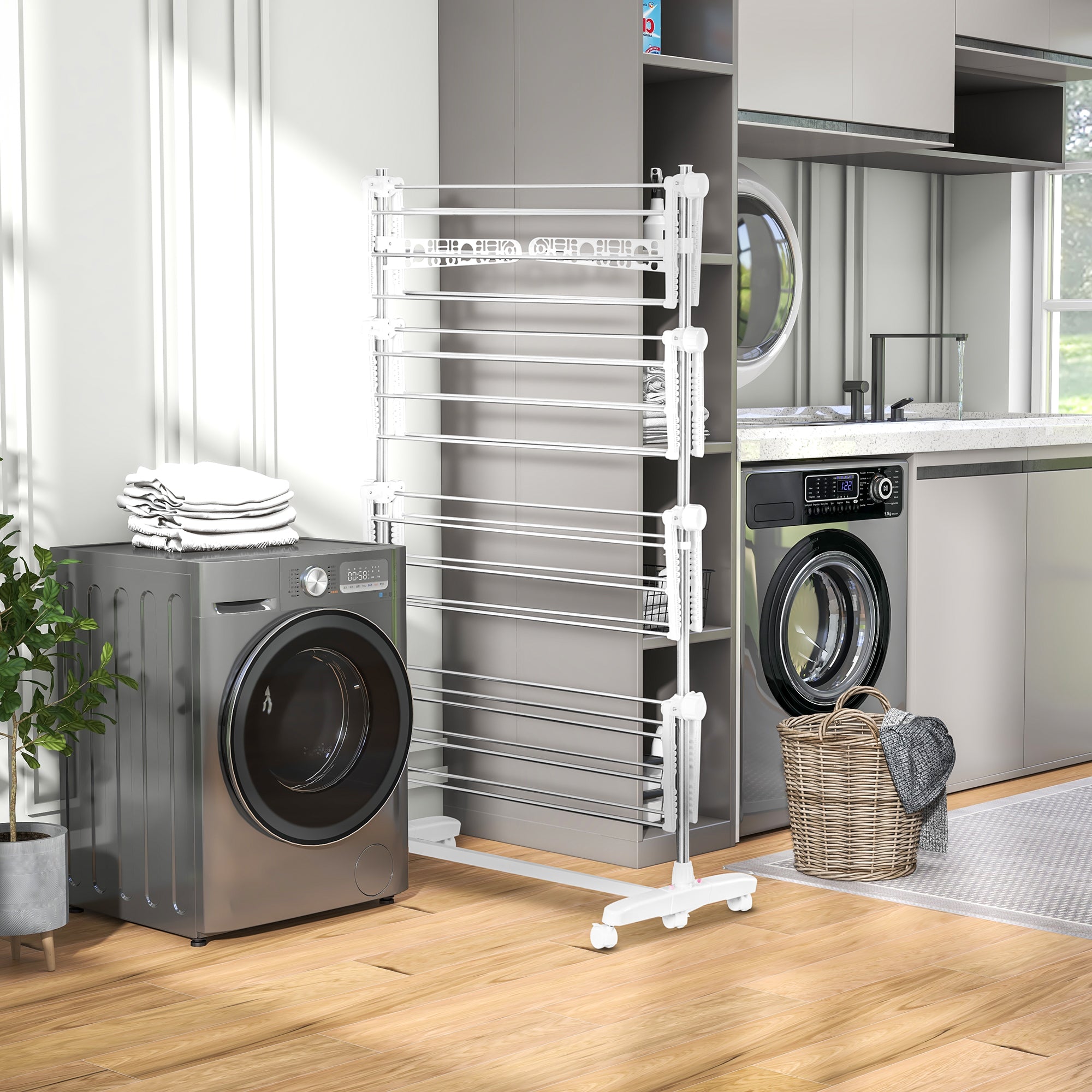 HOMCOM 4-Tier Clothes Drying Rack, Stainless Steel Laundry Rack with 2 Side Wings and 6 Castors, Collapsible Adjustable Clothes Airer for Indoor Outdoor, White