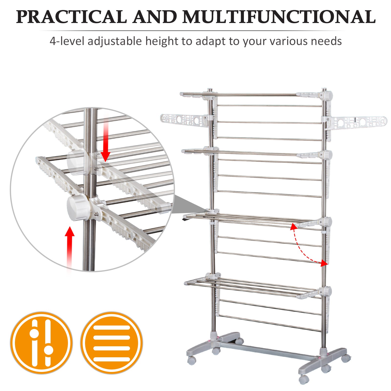 HOMCOM 4-Tier Clothes Drying Rack, Stainless Steel Laundry Rack with 2 Side Wings and 6 Castors, Collapsible Adjustable Clothes Airer for Indoor Outdoor, White