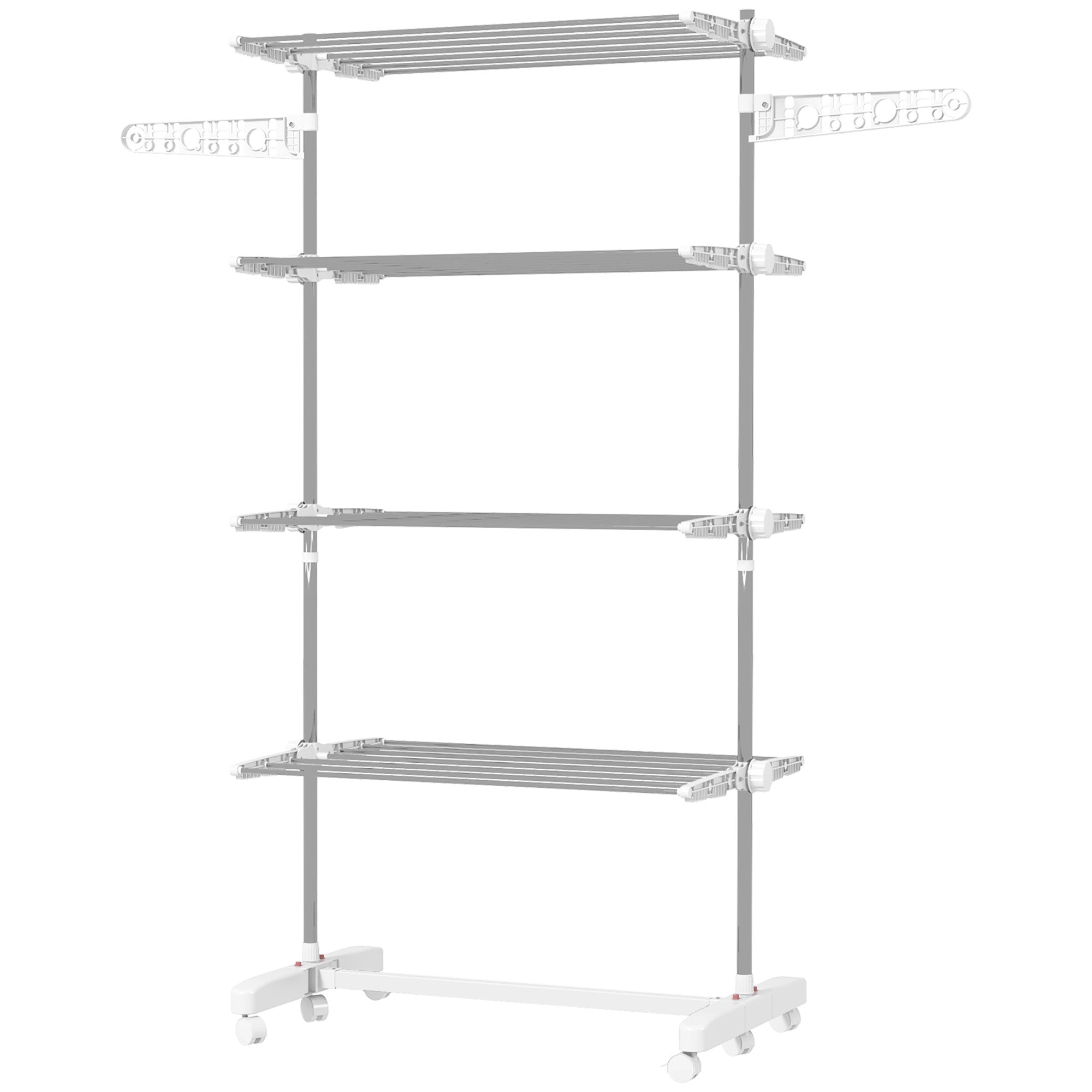 HOMCOM 4-Tier Clothes Drying Rack, Stainless Steel Laundry Rack with 2 Side Wings and 6 Castors, Collapsible Adjustable Clothes Airer for Indoor Outdoor, White