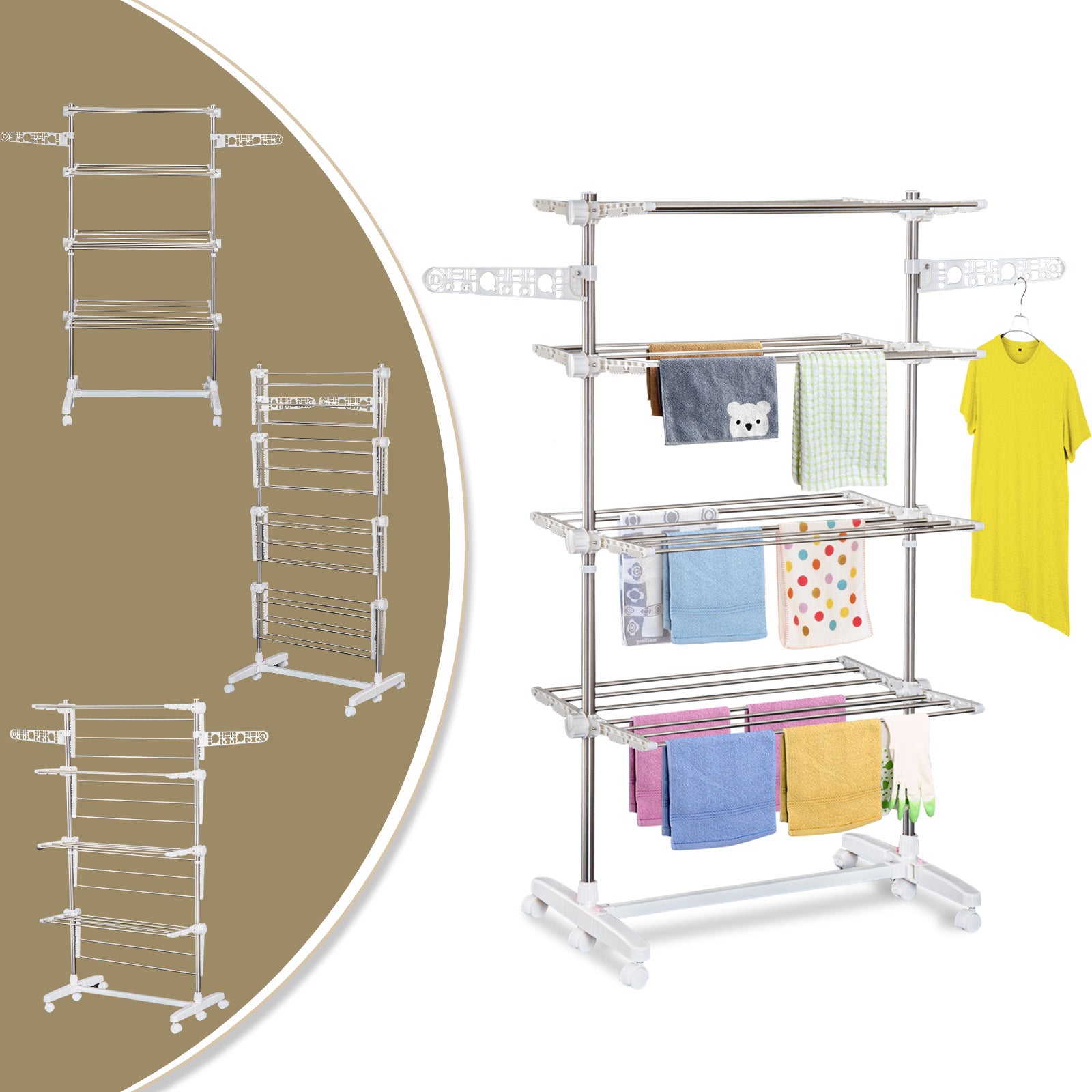 HOMCOM 4-Tier Clothes Drying Rack, Stainless Steel Laundry Rack with 2 Side Wings and 6 Castors, Collapsible Adjustable Clothes Airer for Indoor Outdoor, White