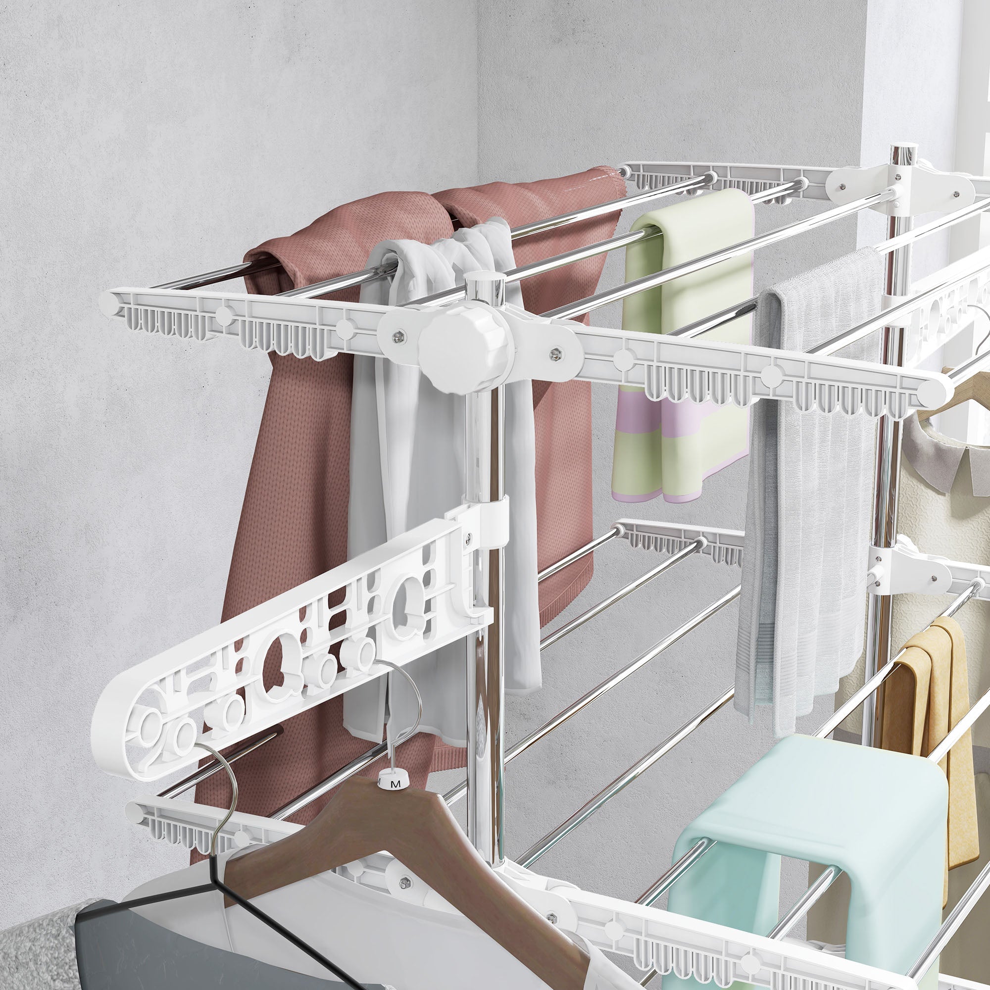 HOMCOM 4-Tier Clothes Airer, Stainless Steel Foldable Clothes Drying Rack with Wheels and Wings, Indoor and Outdoor, Easy Assembly, 142 x 55 x 172cm, White