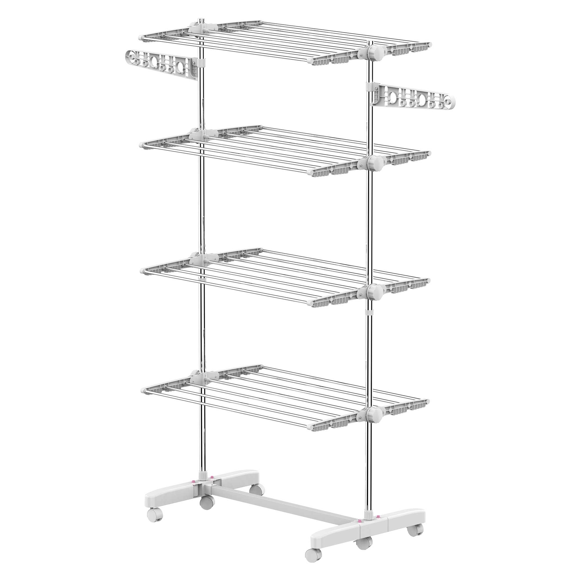 HOMCOM 4-Tier Clothes Drying Rack, Stainless Steel Laundry Rack with 2 Side Wings and 6 Castors, Collapsible Adjustable Clothes Airer for Indoor Outdoor, White