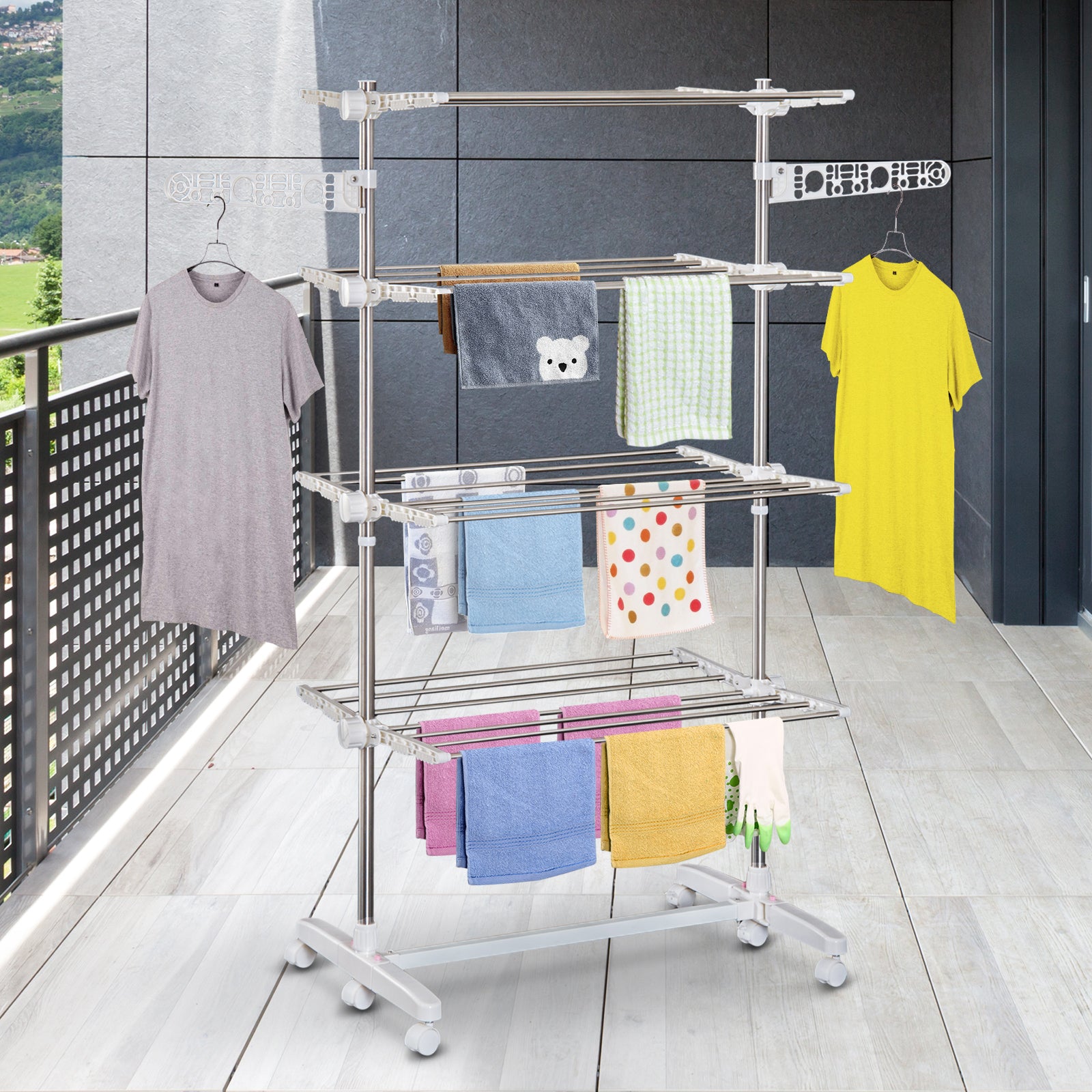 HOMCOM 4-Tier Clothes Drying Rack, Stainless Steel Laundry Rack with 2 Side Wings and 6 Castors, Collapsible Adjustable Clothes Airer for Indoor Outdoor, White
