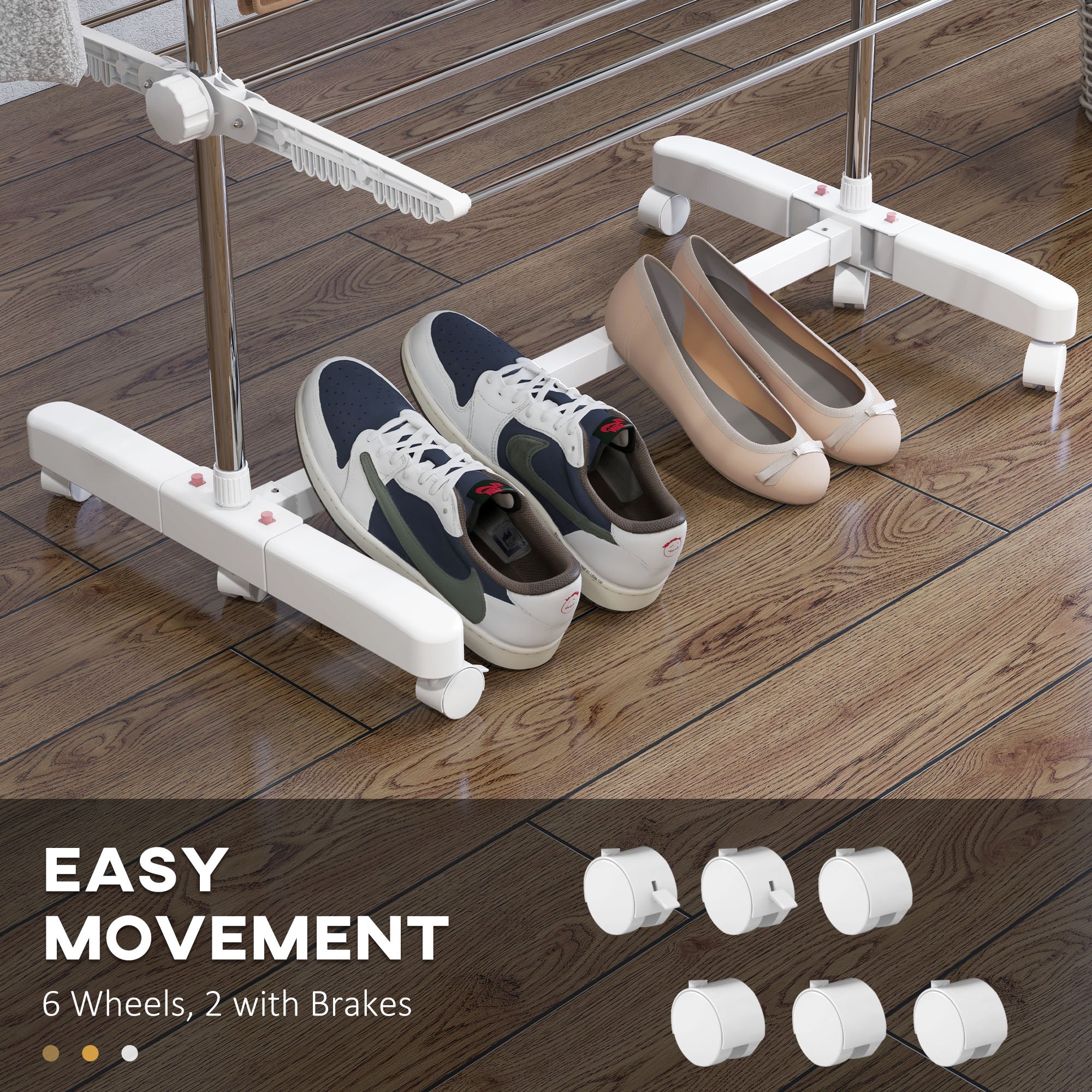 HOMCOM 4-Tier Clothes Airer, Stainless Steel Foldable Clothes Drying Rack with Wheels and Wings, Indoor and Outdoor, Easy Assembly, 142 x 55 x 172cm, White