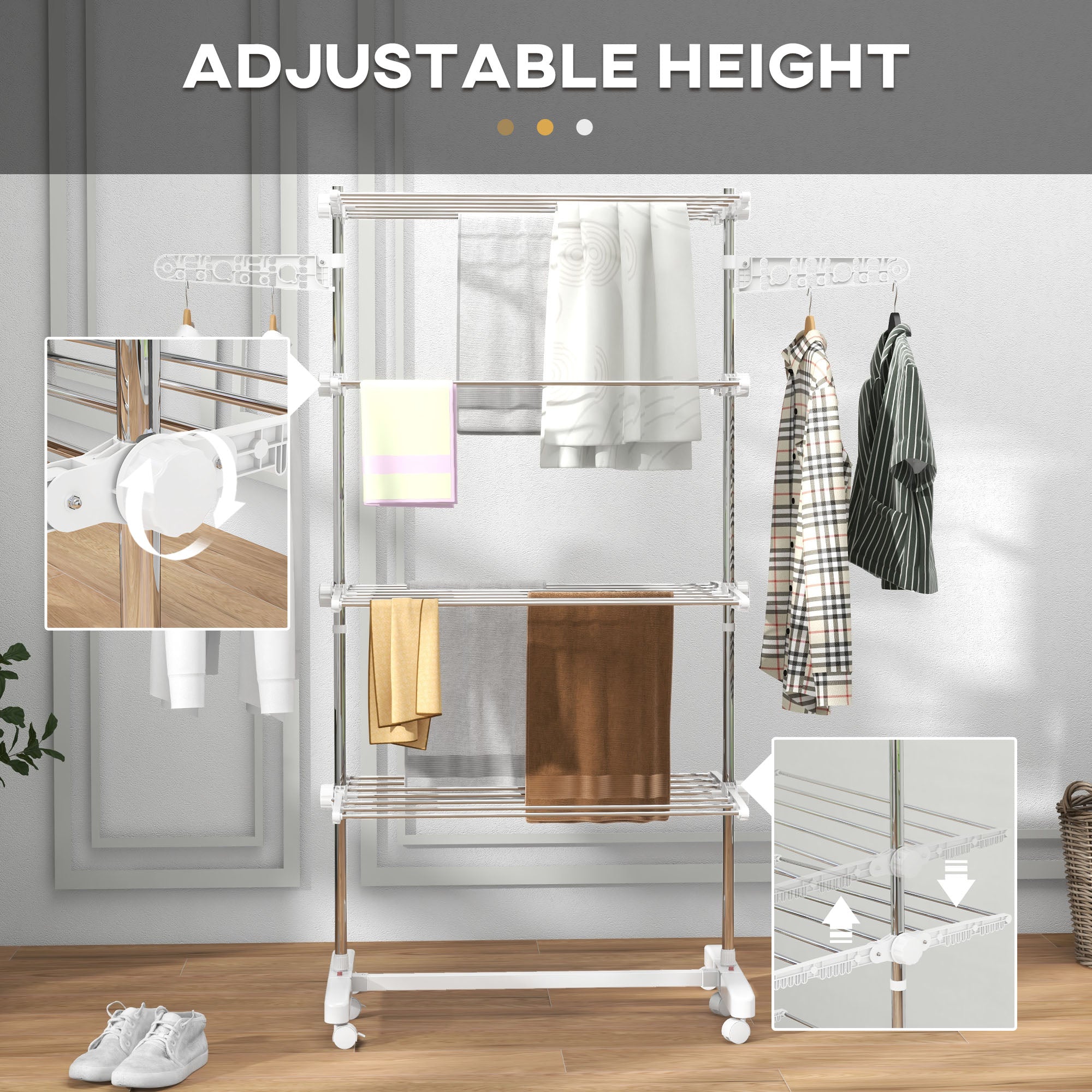 HOMCOM 4-Tier Clothes Airer, Stainless Steel Foldable Clothes Drying Rack with Wheels and Wings, Indoor and Outdoor, Easy Assembly, 142 x 55 x 172cm, White