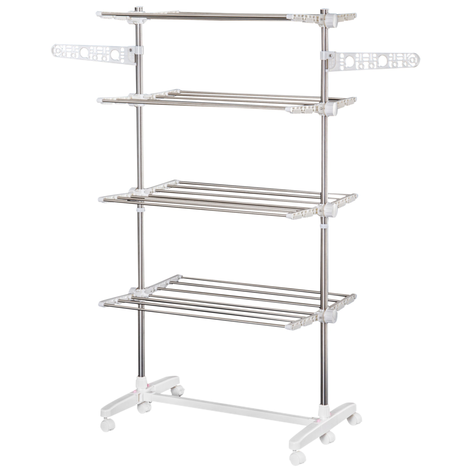 HOMCOM 4-Tier Clothes Drying Rack, Stainless Steel Laundry Rack with 2 Side Wings and 6 Castors, Collapsible Adjustable Clothes Airer for Indoor Outdoor, White